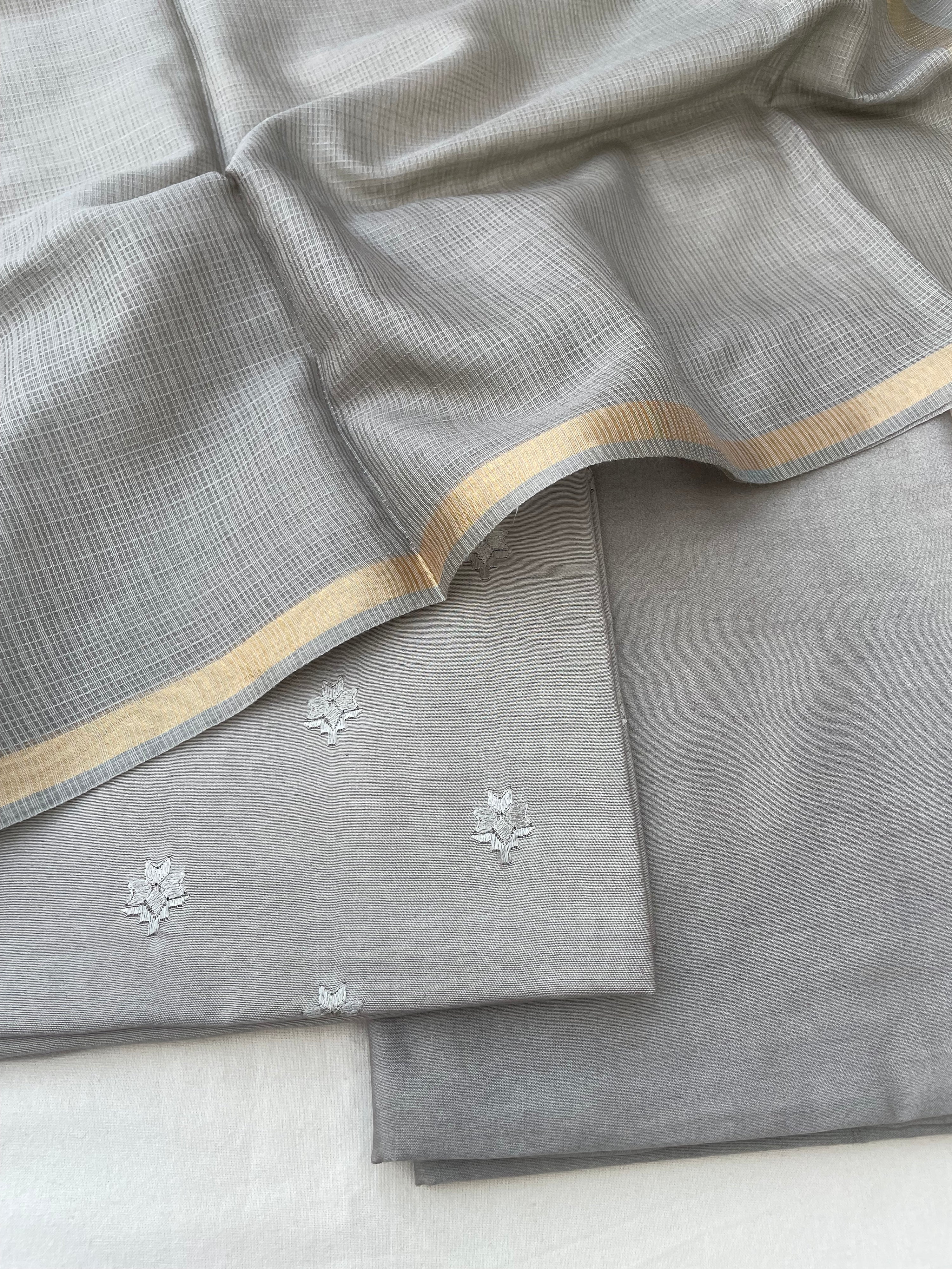 Gray Embroidery Banarasi Cotton Suit Set