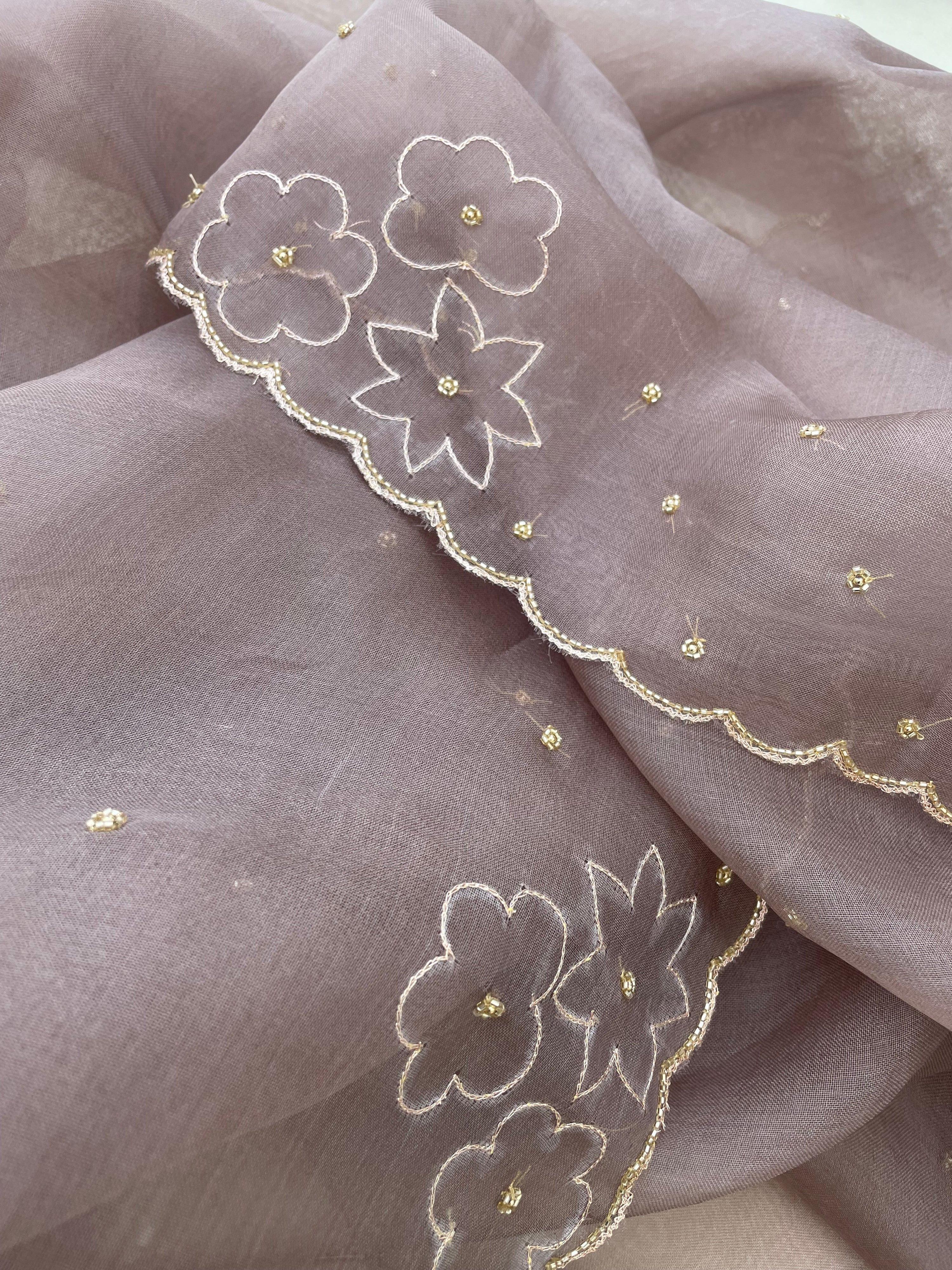Beige Pure Organza Silk Embroidered Banarasi Dupatta