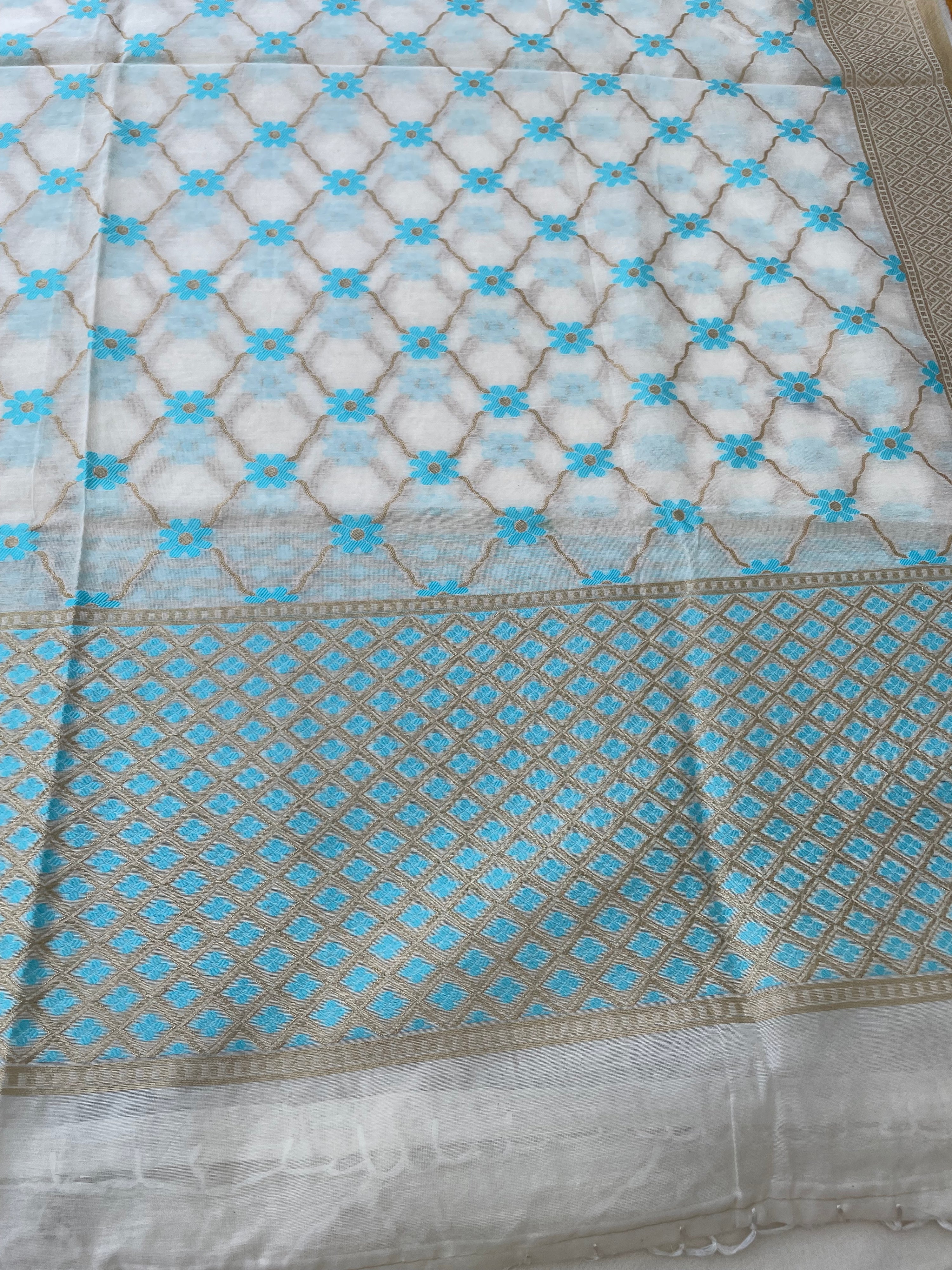 White Cotton Silk Floral Banarasi Suit