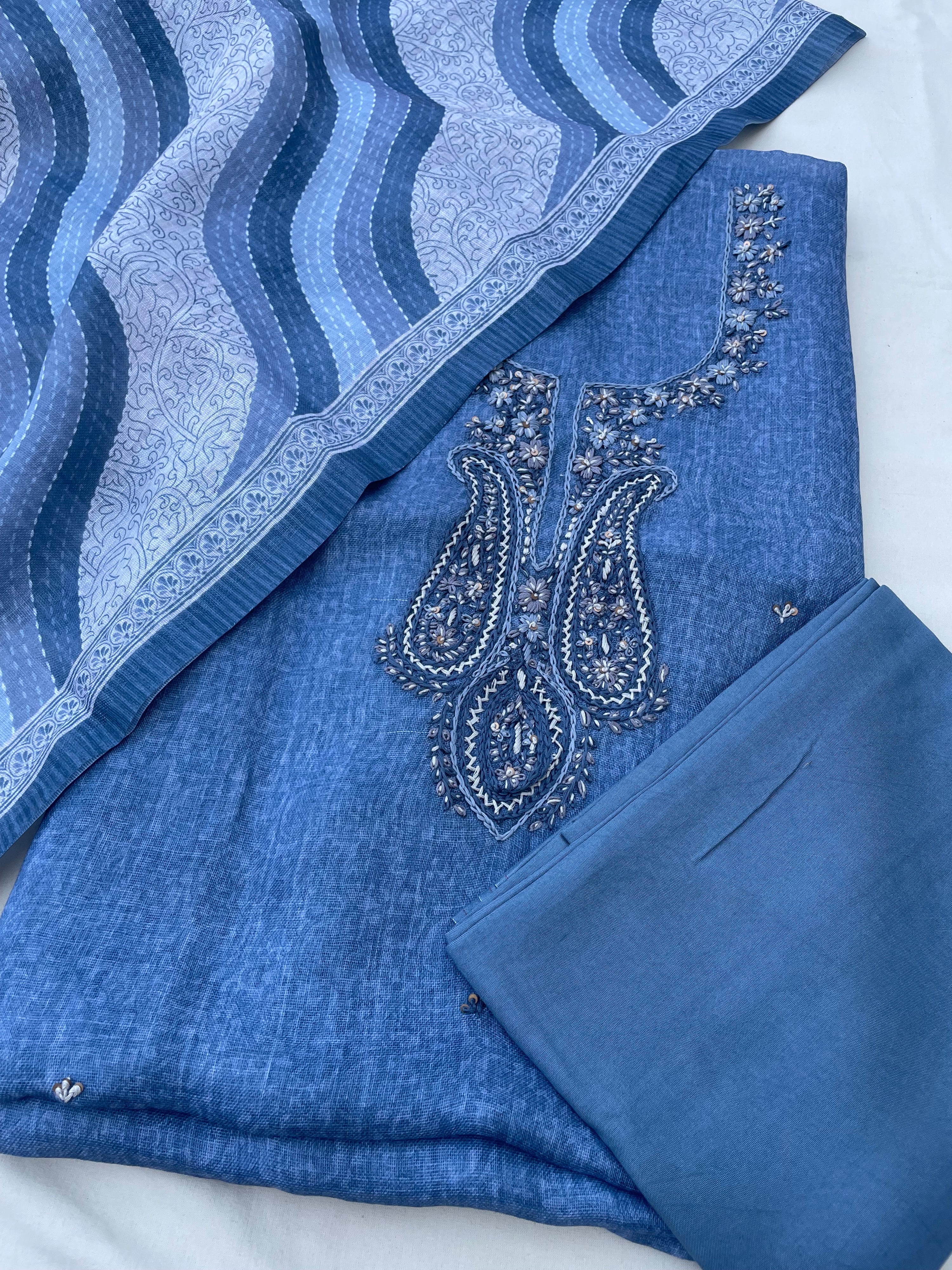 Blue Linen Embroidered Unstitched Suit Fabric