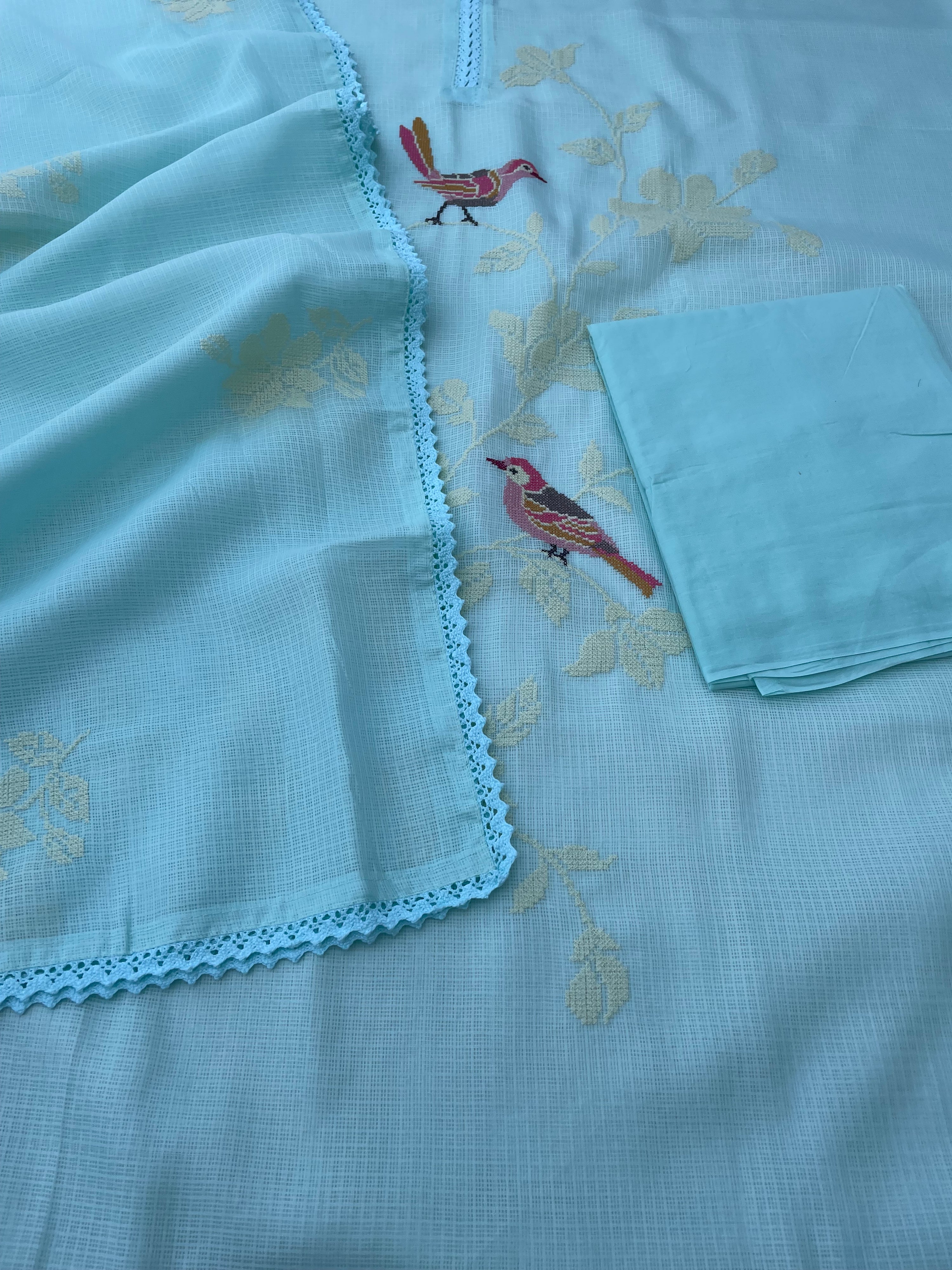 Sky Blue Kota Silk Embroidered Unstitched Suit Fabric