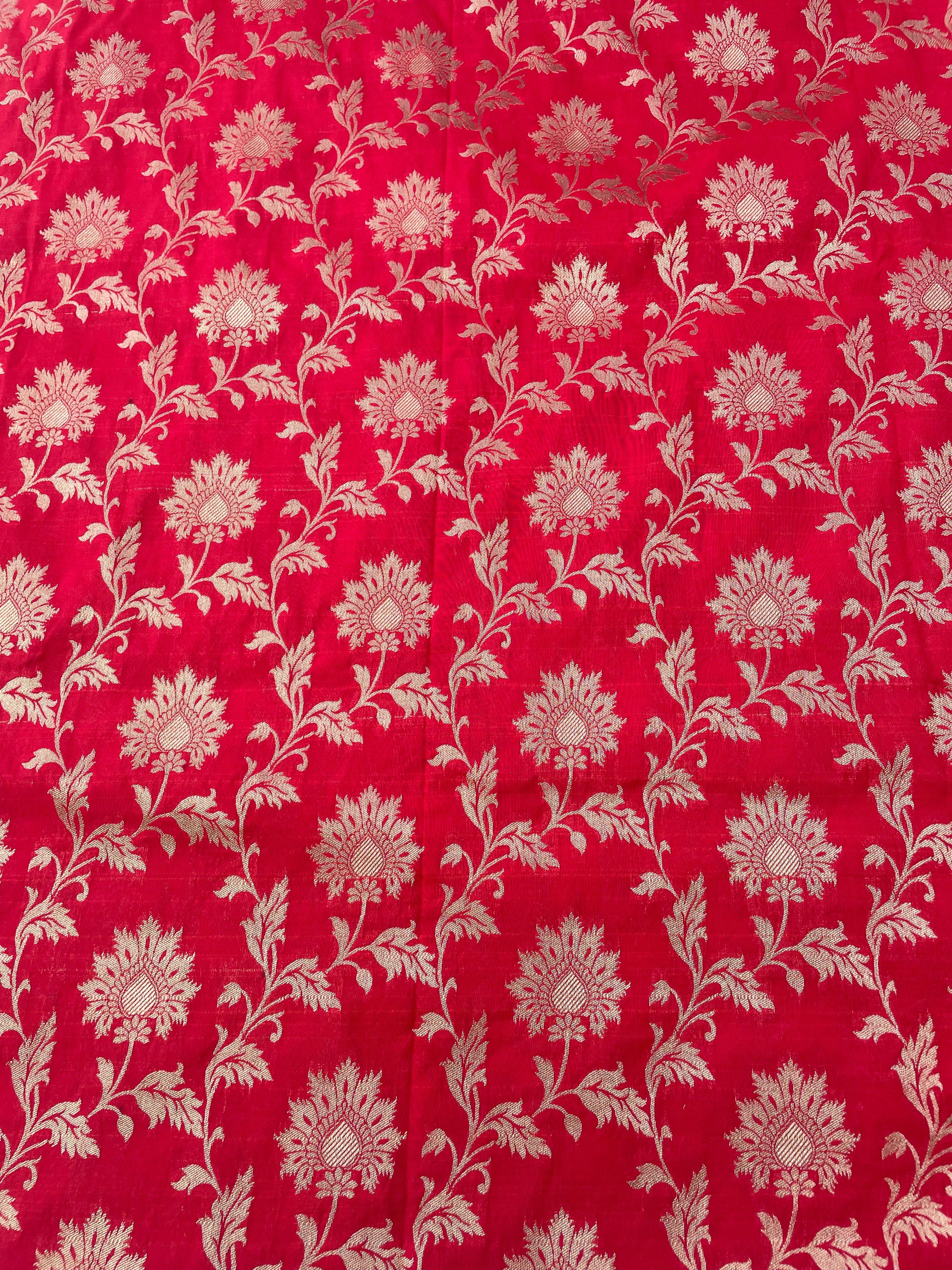 Red Semi Silk Floral Jaal Fabric