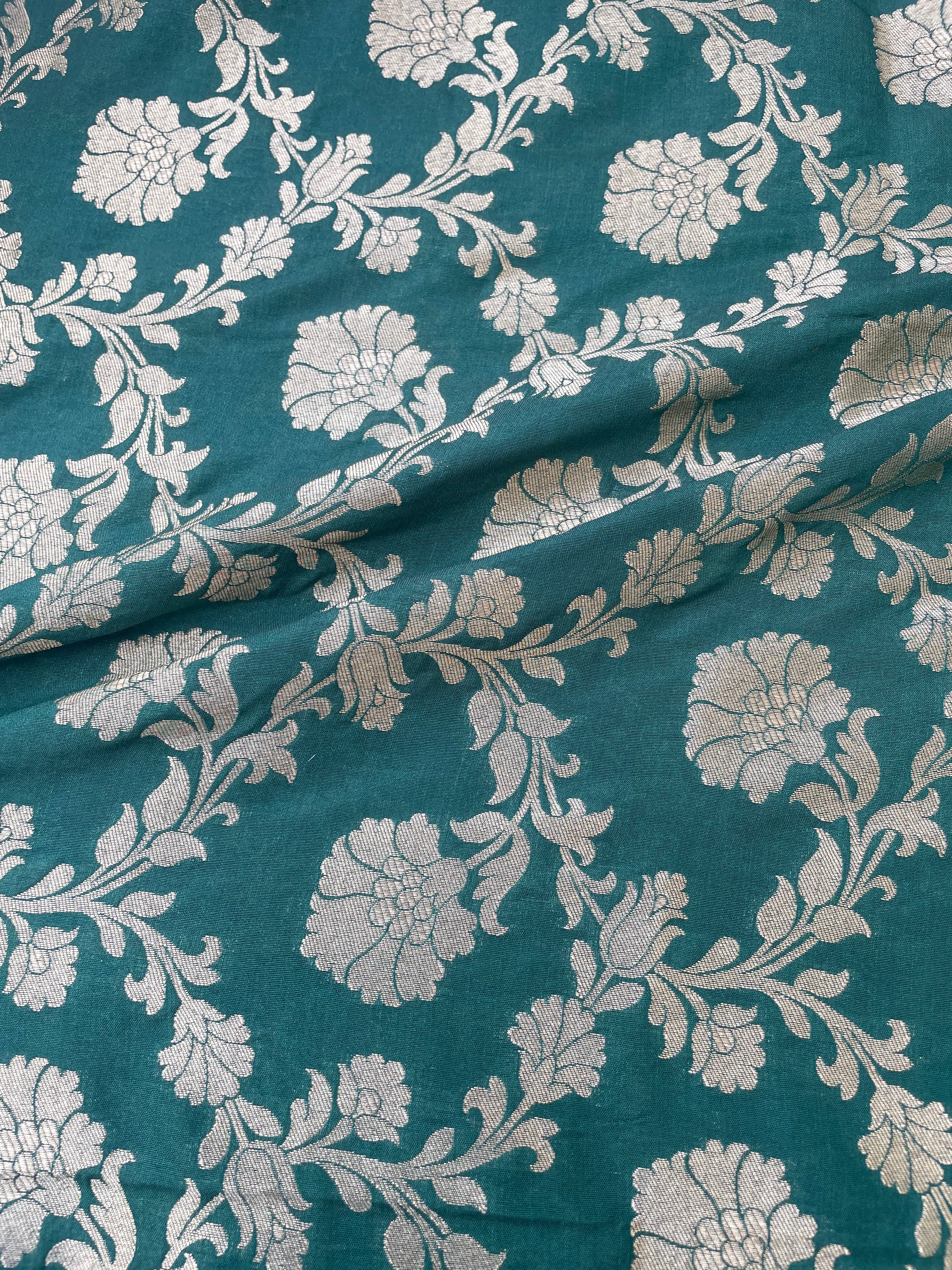 Green Semi Silk Floral Jaal Fabric