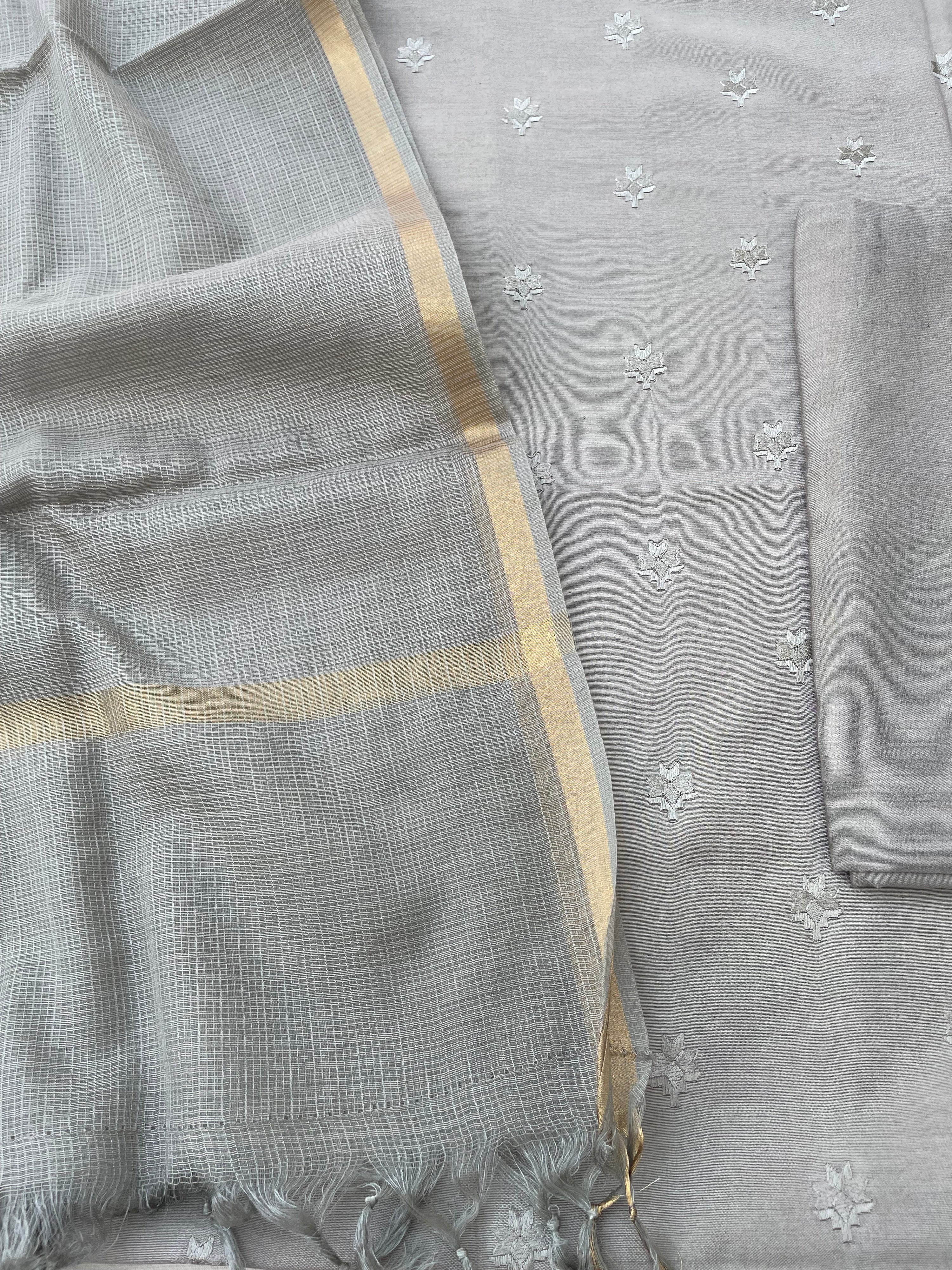 Gray Embroidery Banarasi Cotton Suit Set