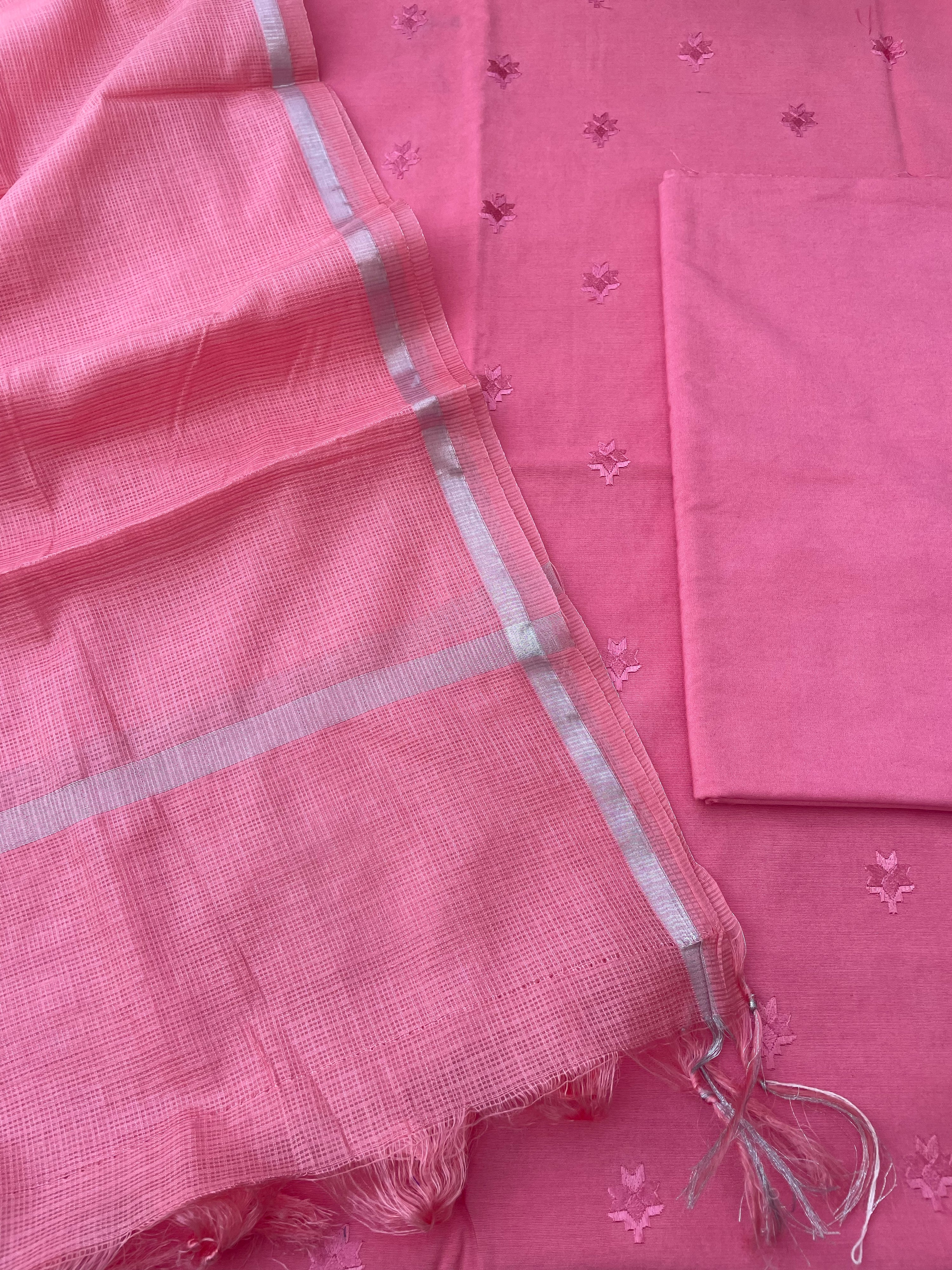 Pink Embroidery Banarasi Cotton Suit Set
