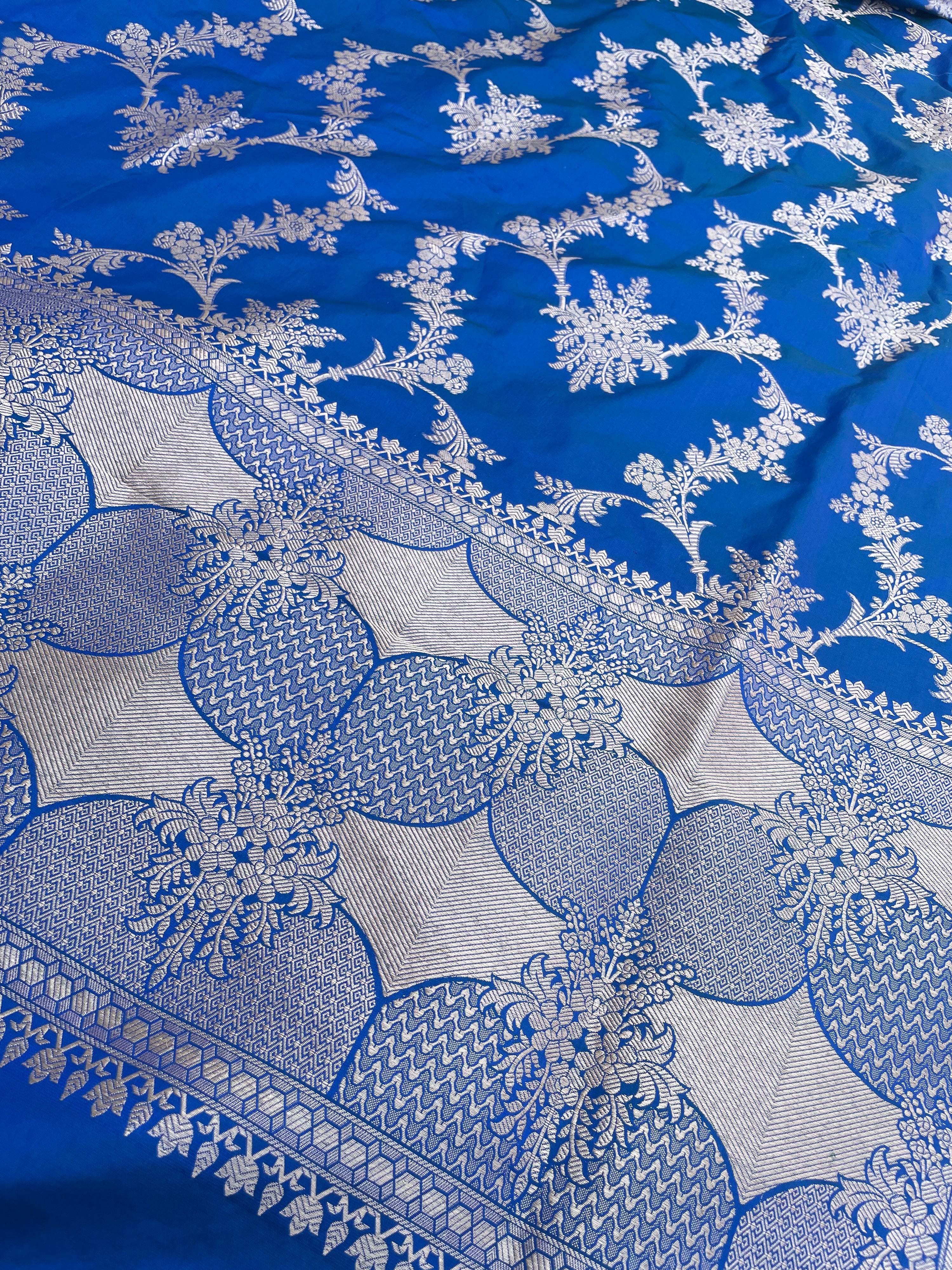 Blue Handwoven Pure Kataan Silk Banarasi Jaal Dupatta