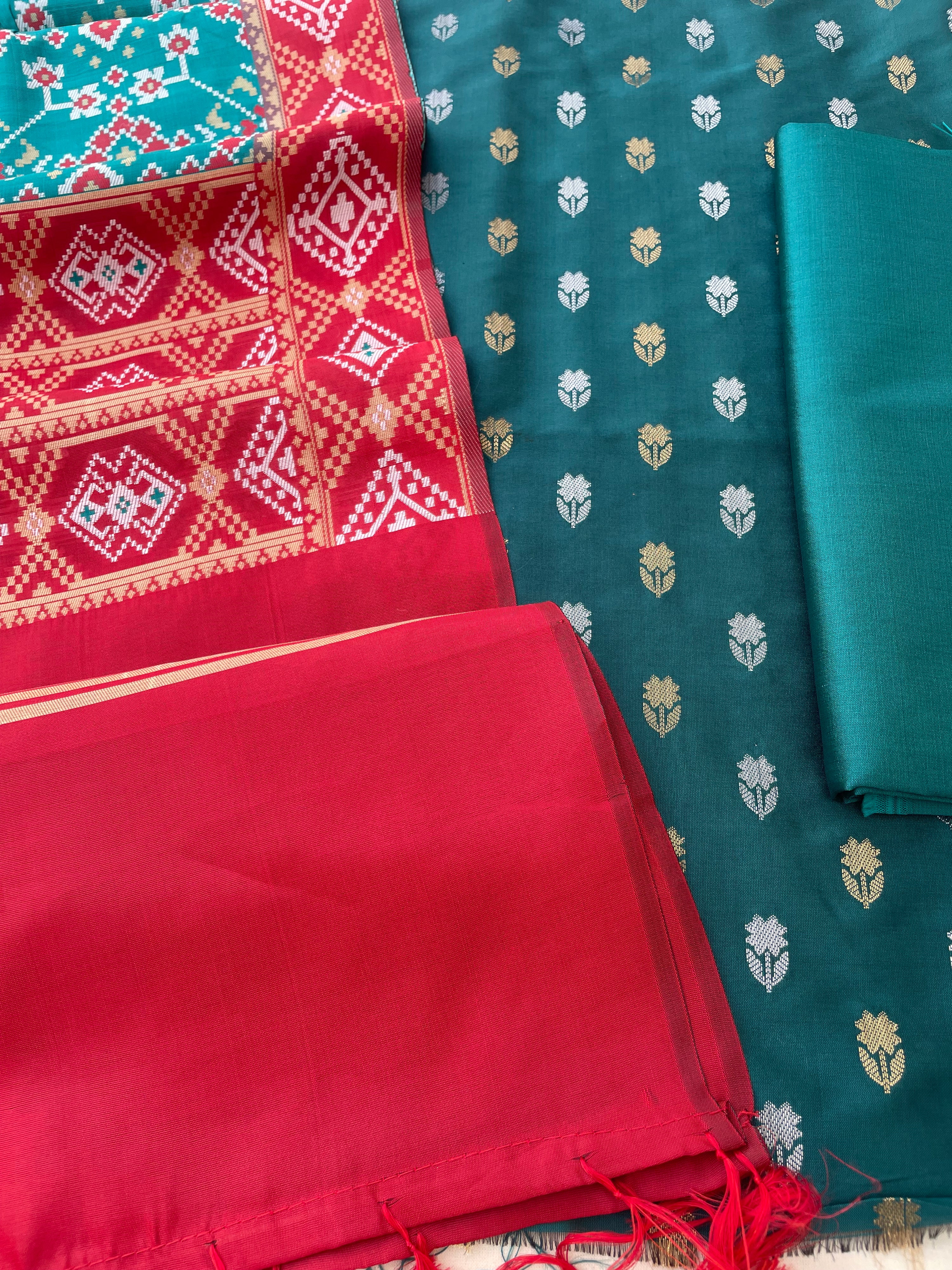 Rama Green Semi Silk Banarasi Unstitched Suit Set