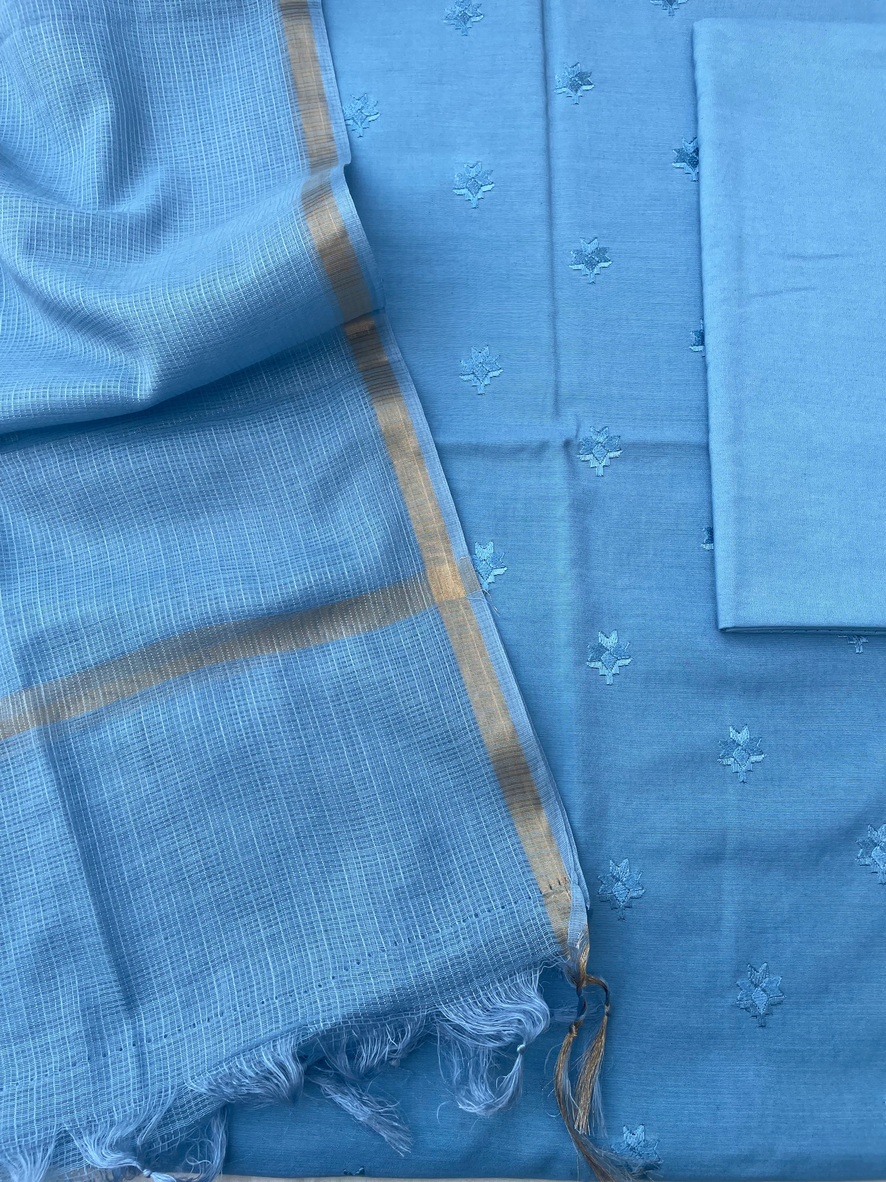Blue Embroidery Banarasi Cotton Suit Set