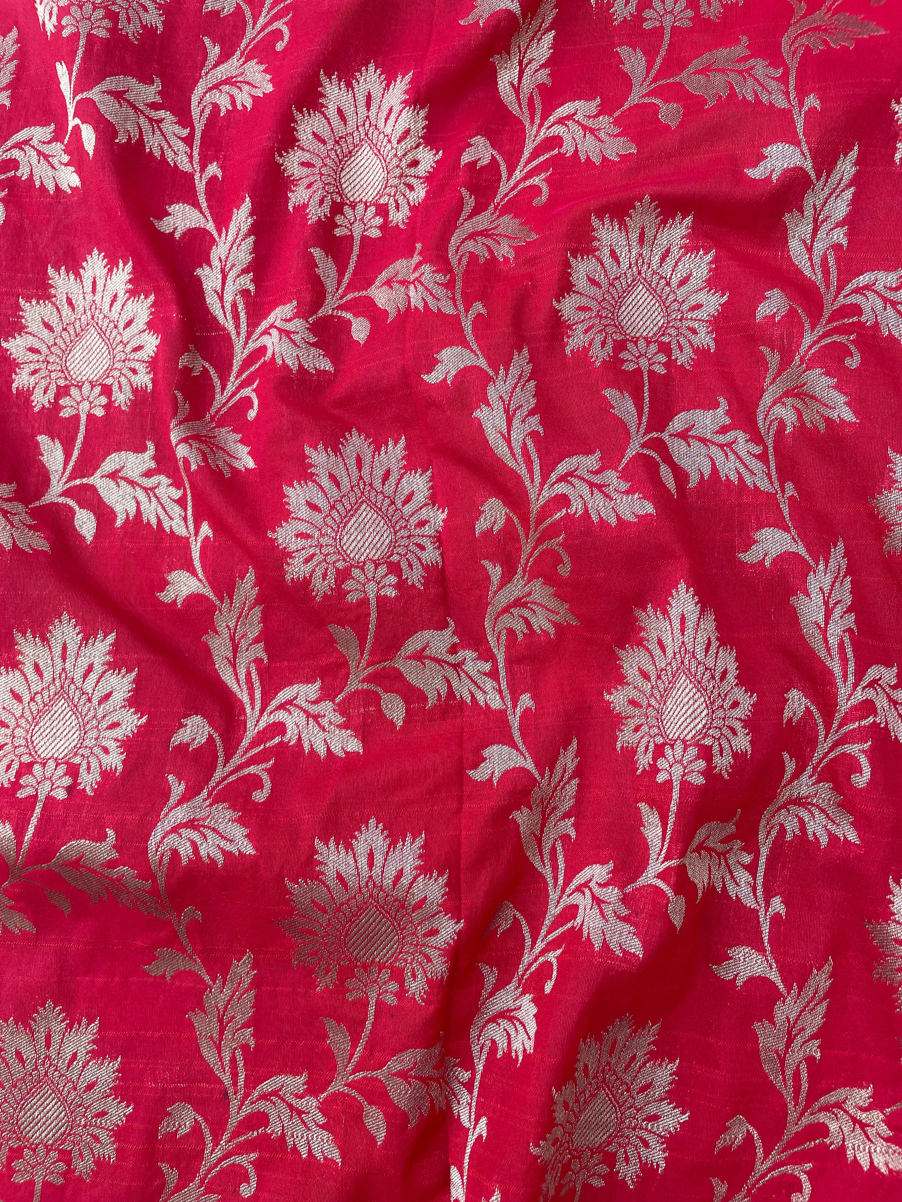 Red Semi Silk Floral Jaal Fabric