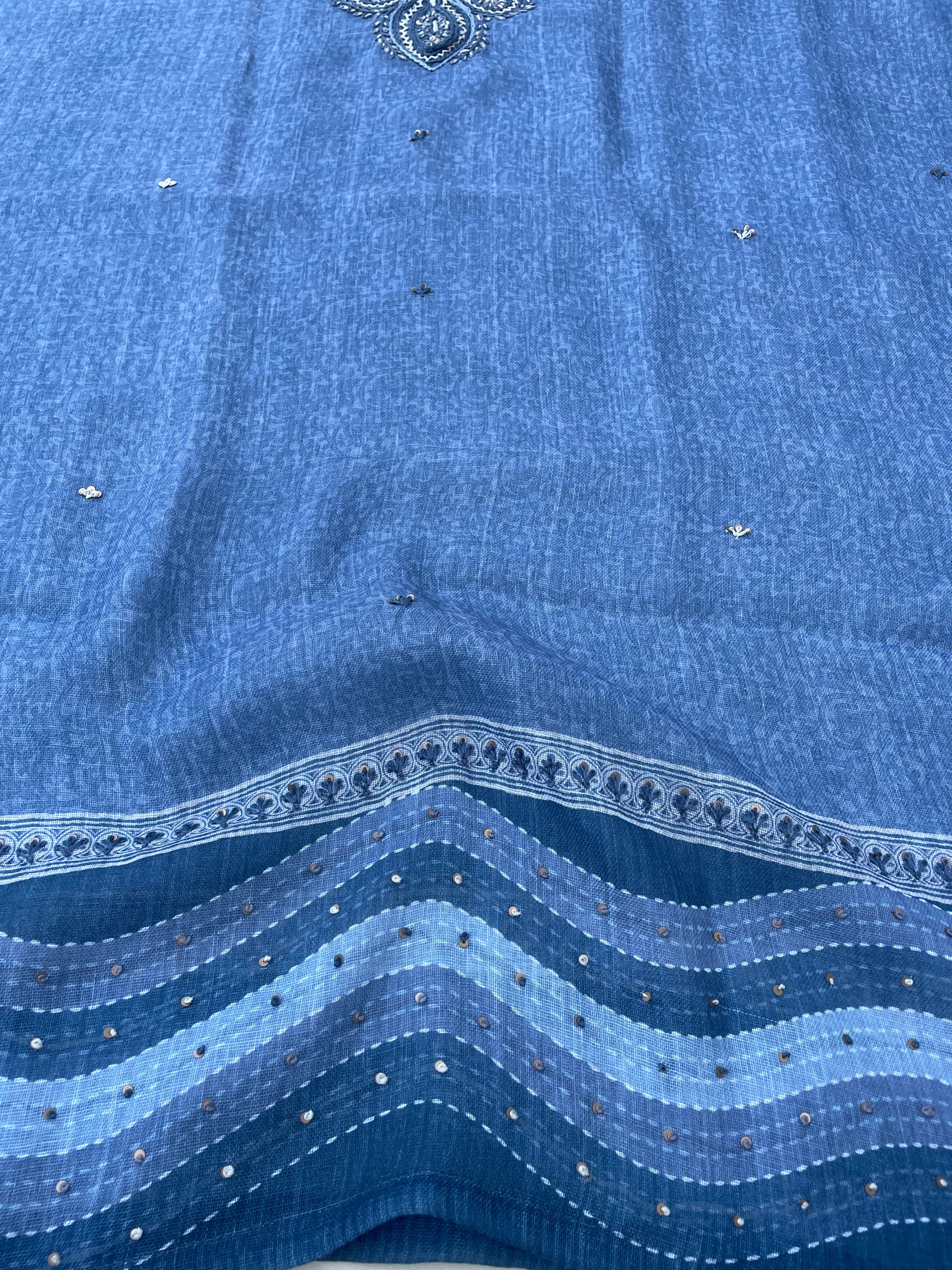 Blue Linen Embroidered Unstitched Suit Fabric