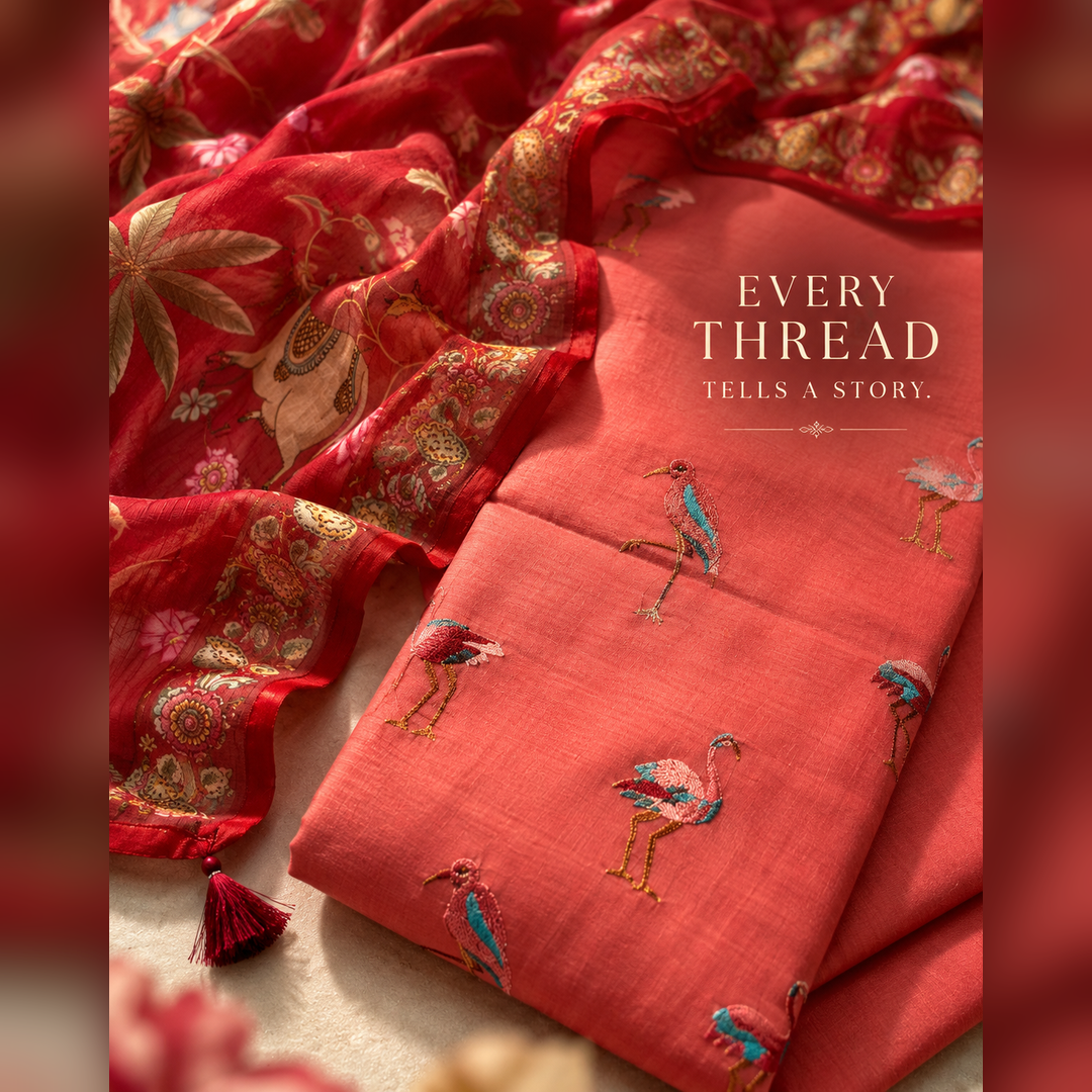 Red Mul Cotton Embroidery Suit Set