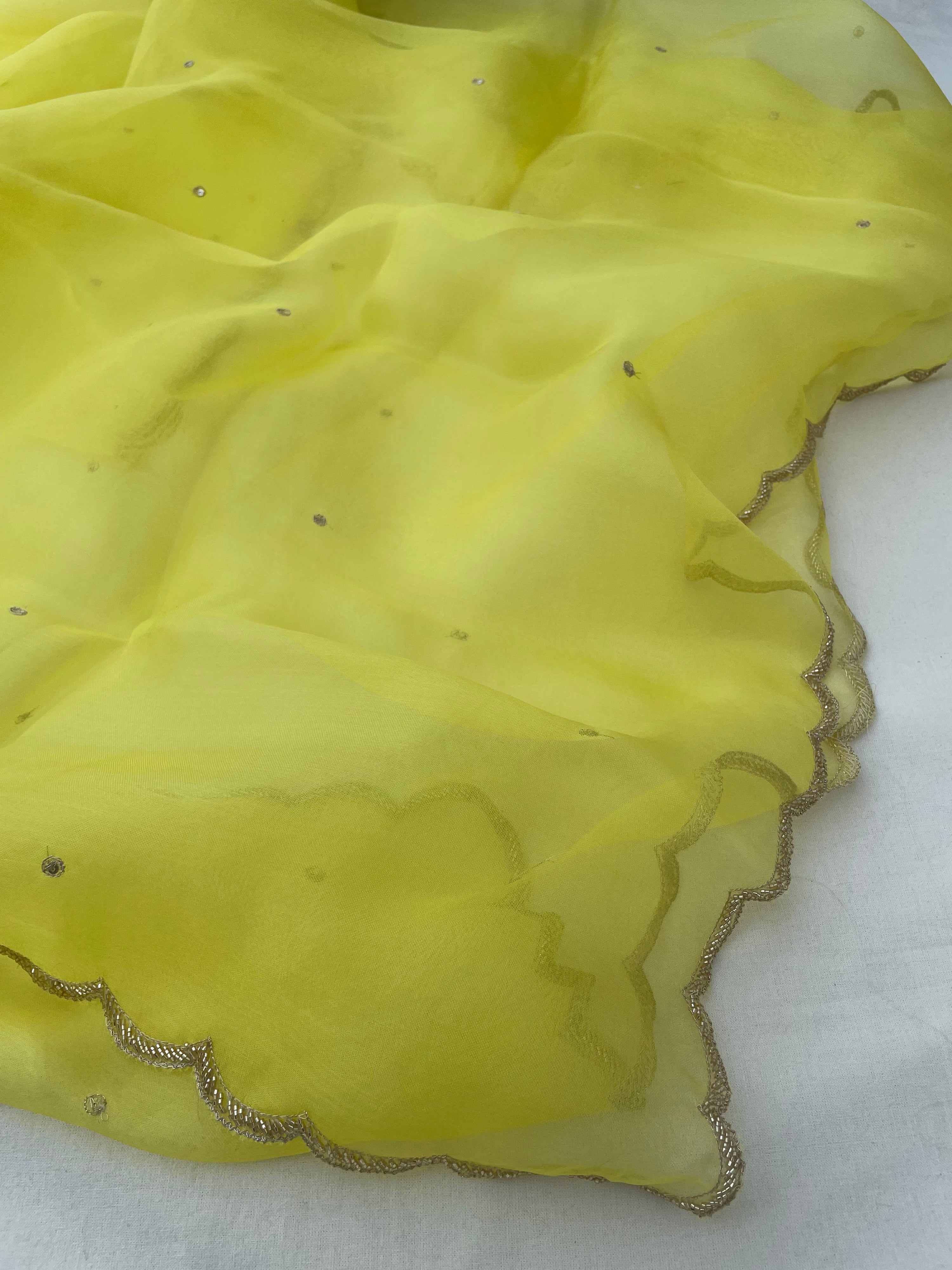Lemon Yellow Pure Organza Silk Embroidered Banarasi Dupatta