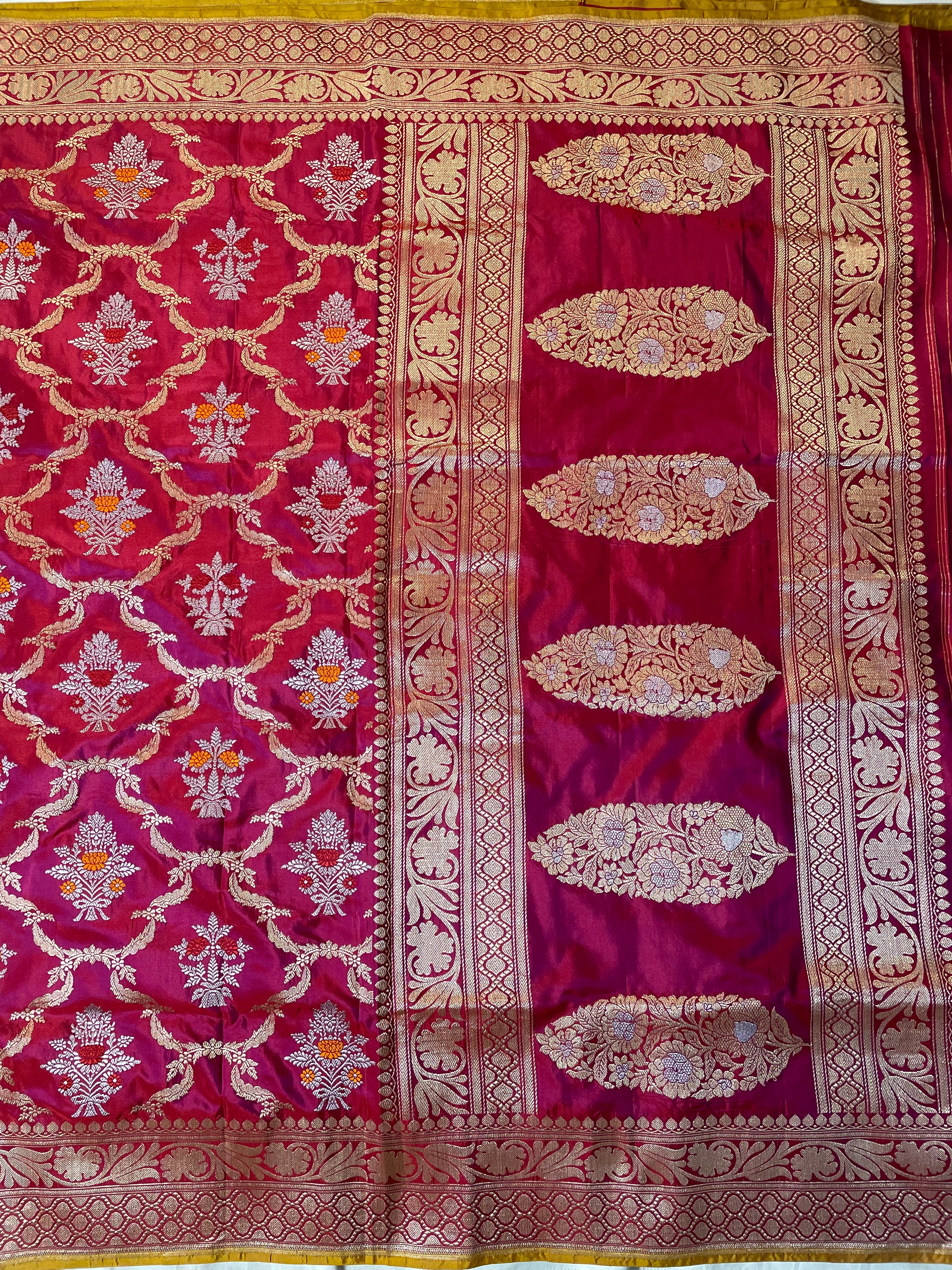 Burgundy Handloom Pure Silk Kadhua Jangla Banarasi Saree