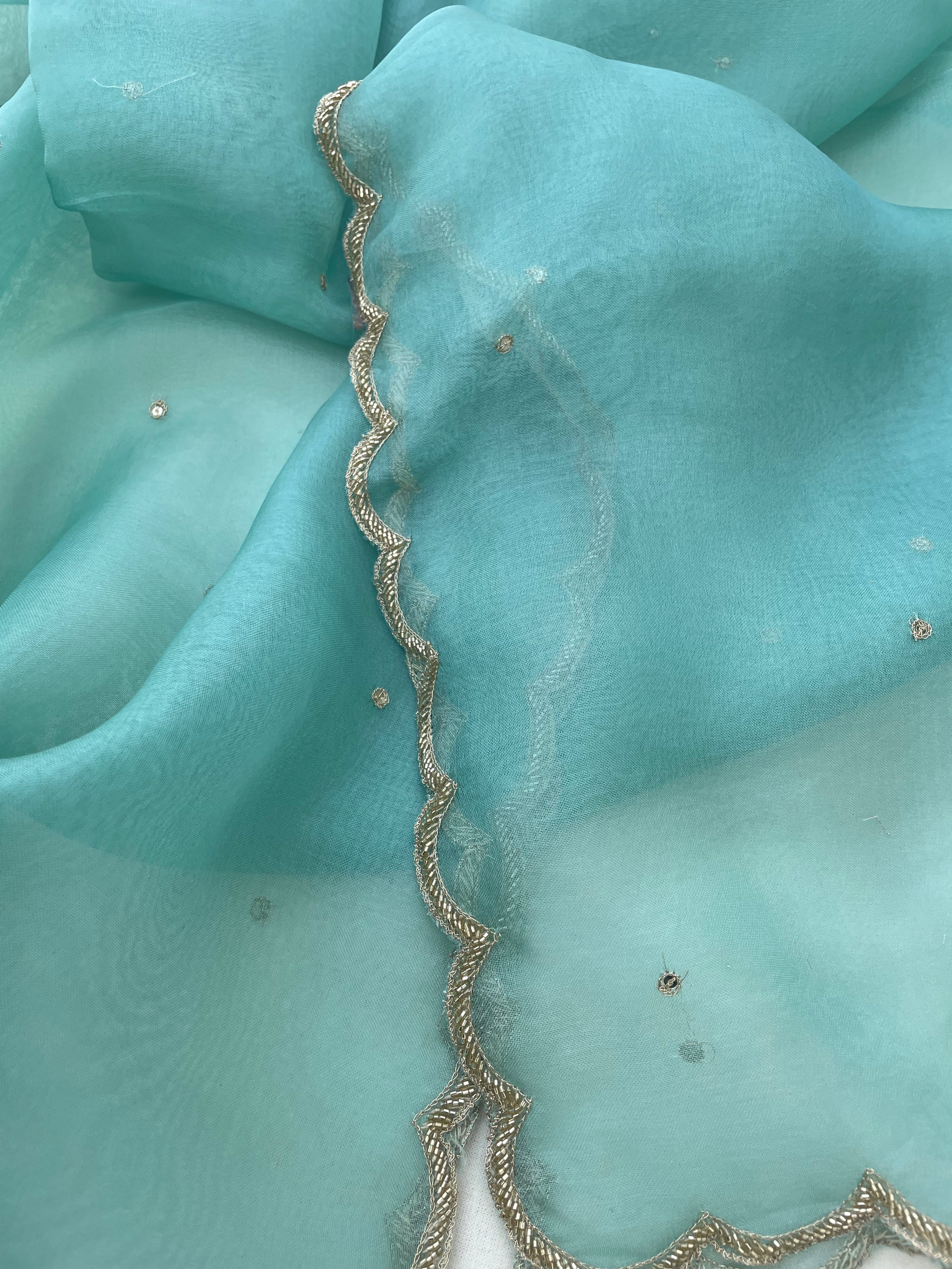 Sea Green Pure Organza Silk Embroidered Banarasi Dupatta