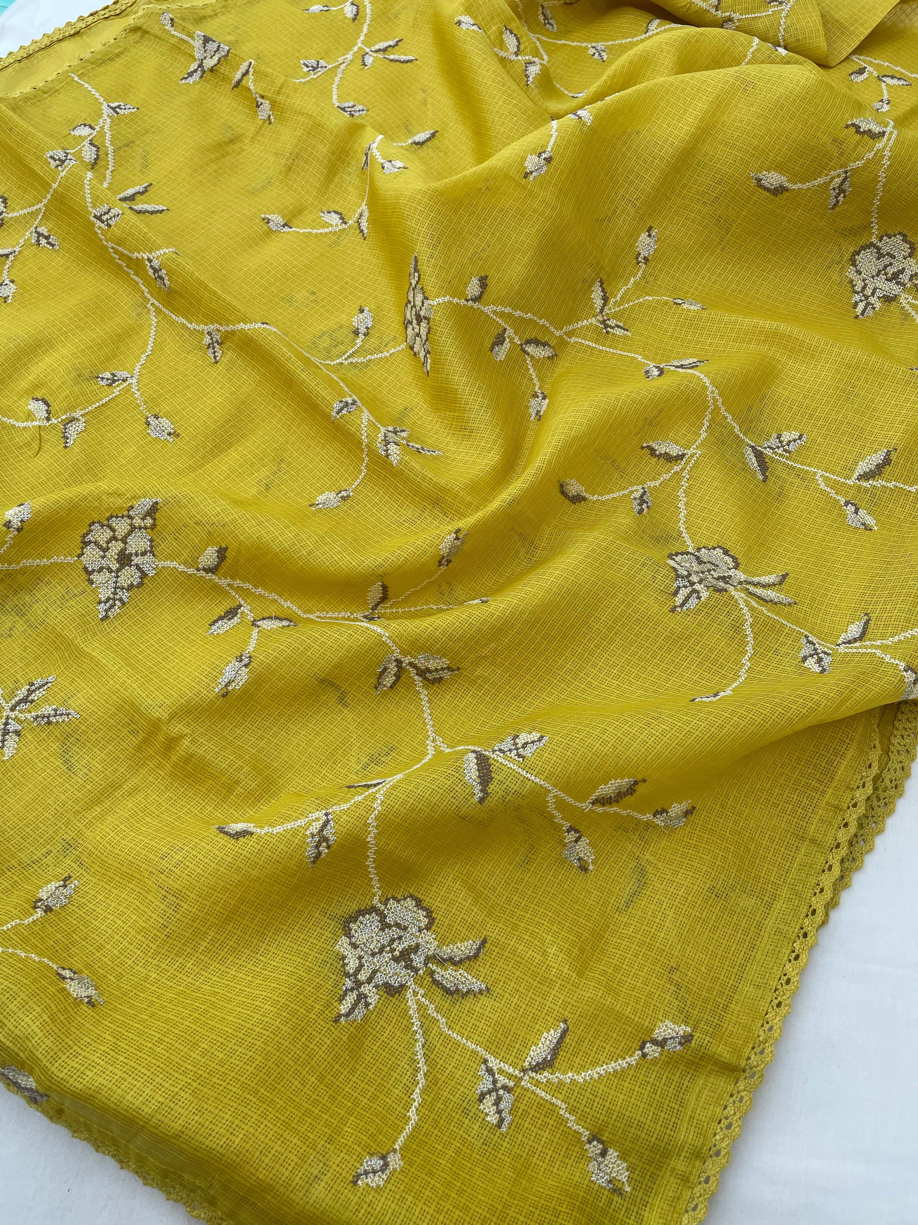 Yellow Kota Silk Embroidered Unstitched Suit Fabric