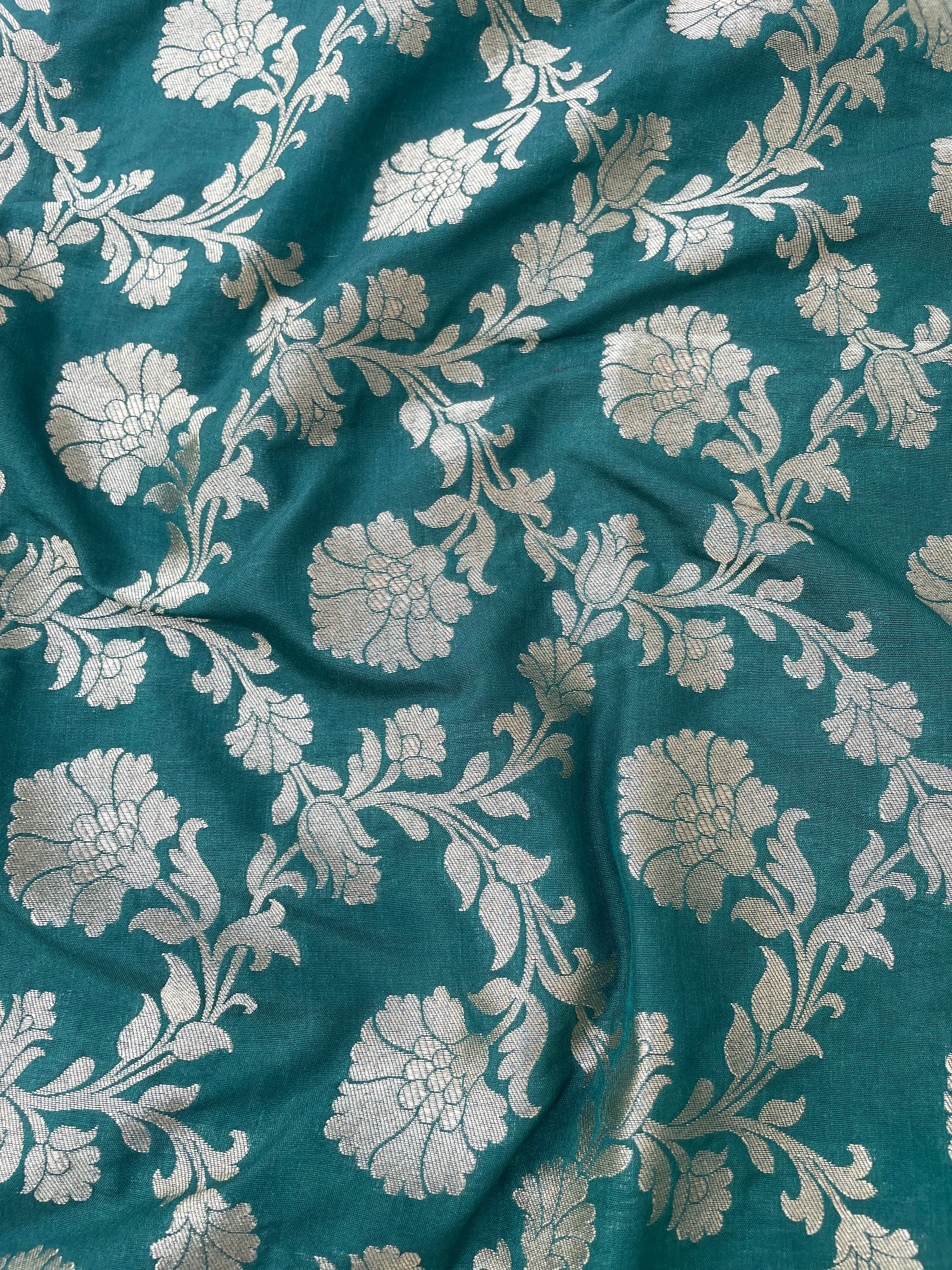 Green Semi Silk Floral Jaal Fabric