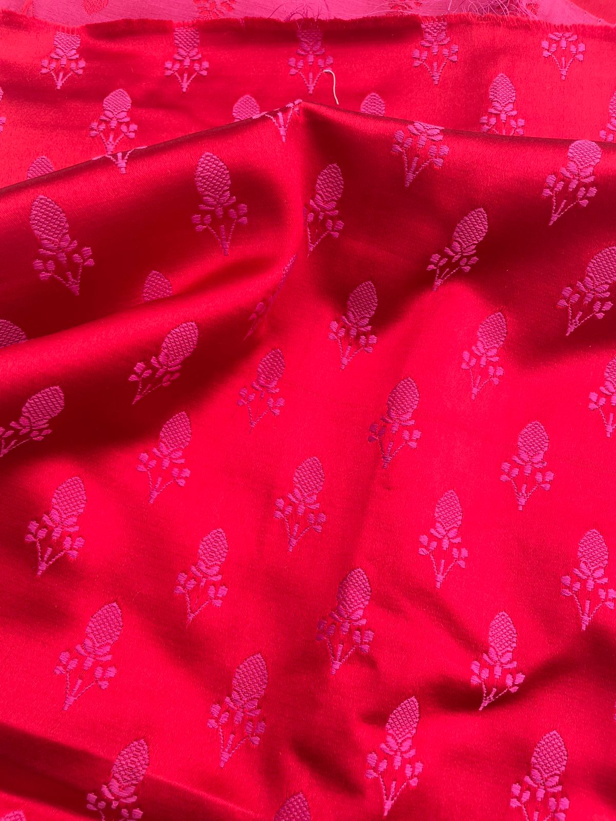 Red Handloom Pure Satin Banarasi Silk Fabric
