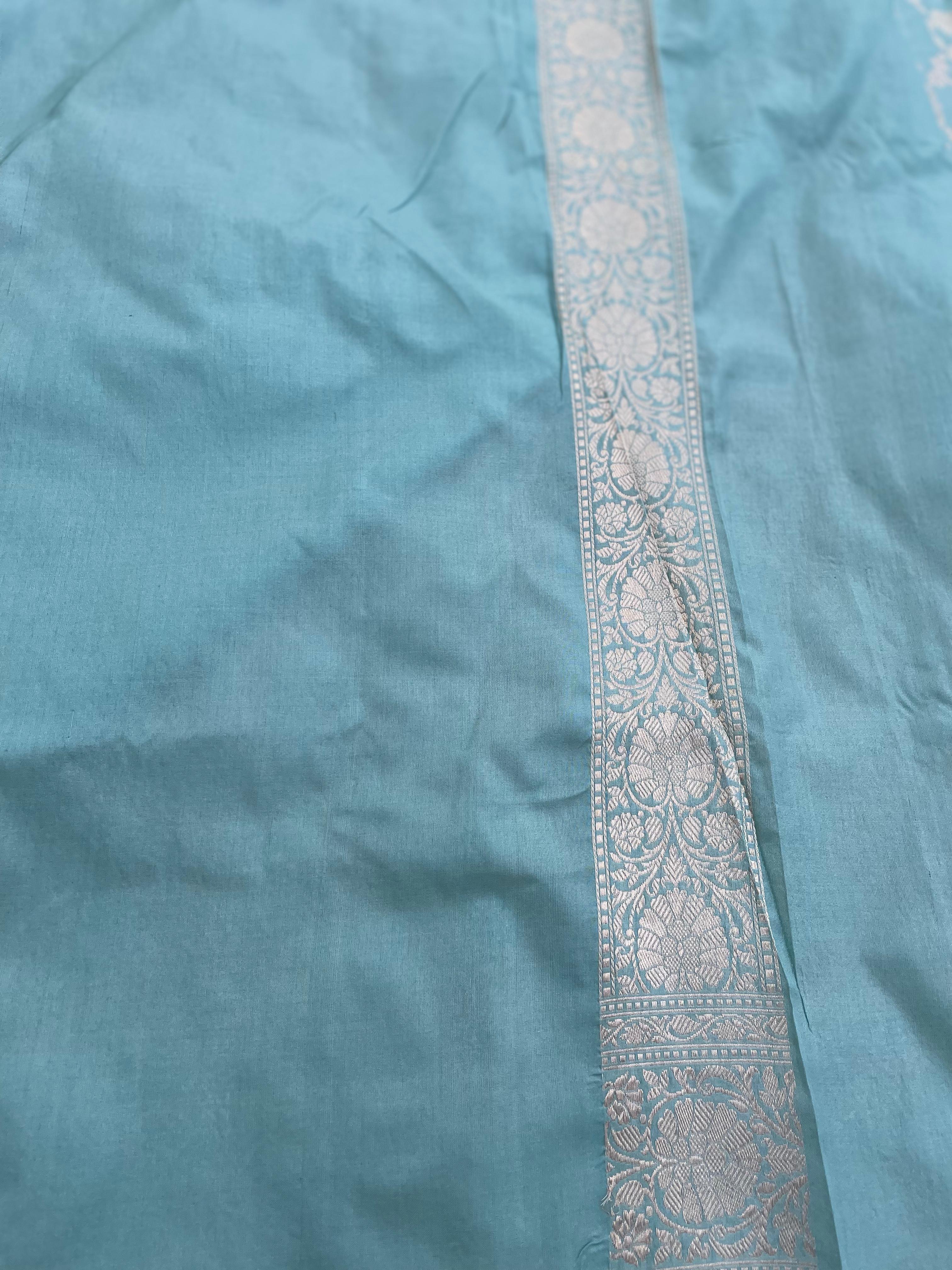 Light Blue Handloom Banarasi Pure Silk Jangla Saree
