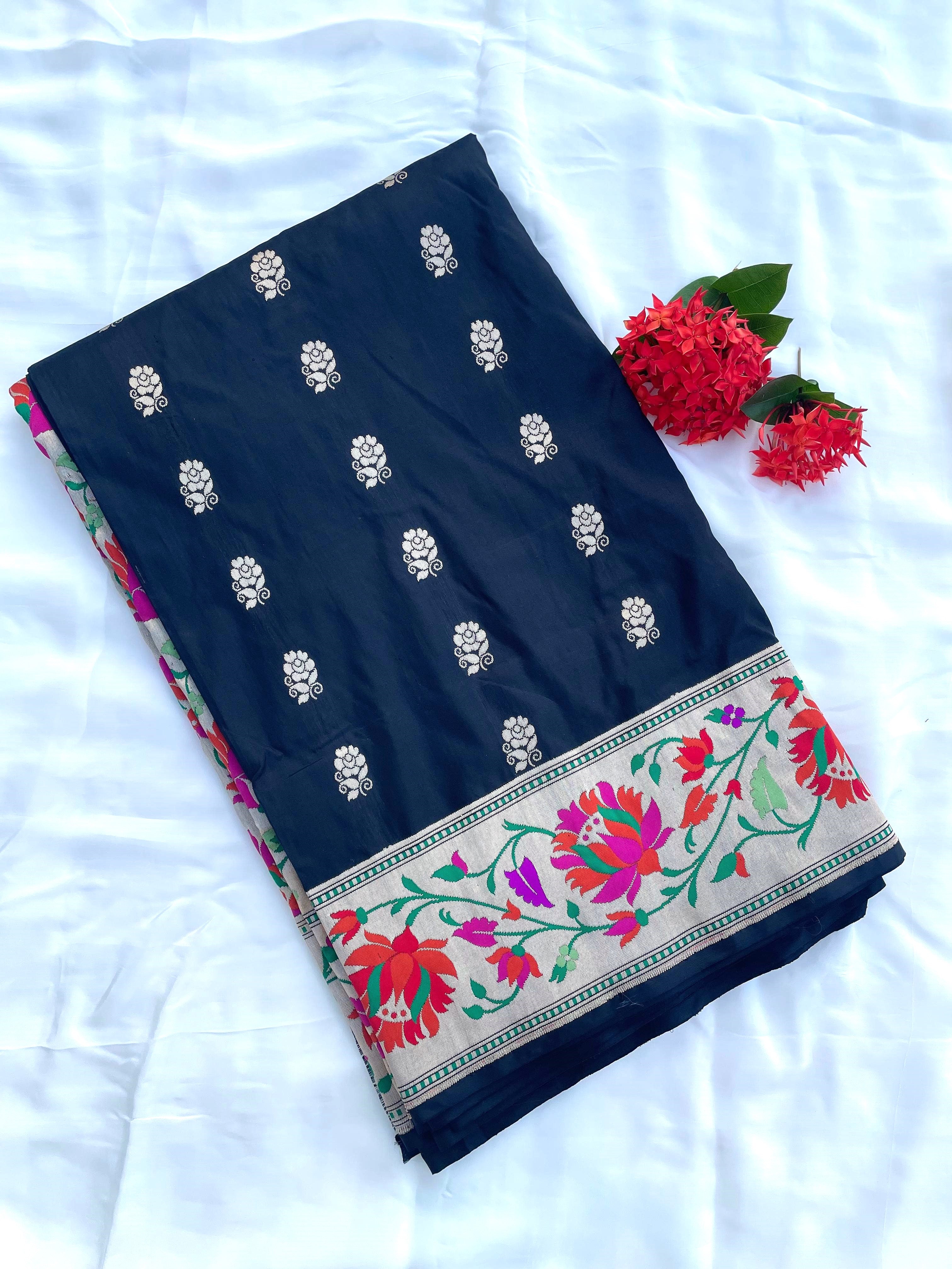 Black Handloom Kataan Silk Banarasi Paithani Silk Saree