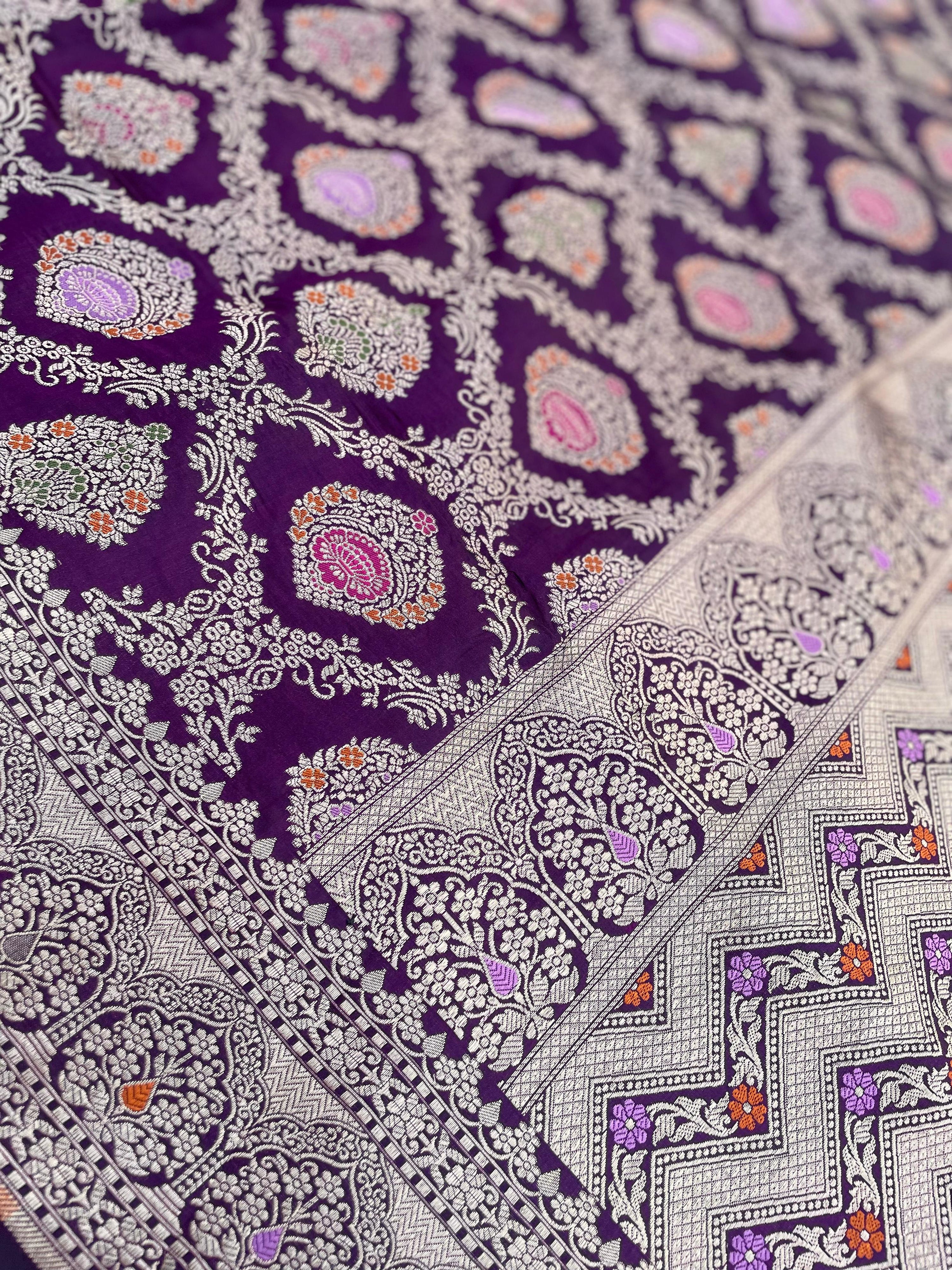Purple Handloom Banarasi Pure Silk Minakari Jangla Saree