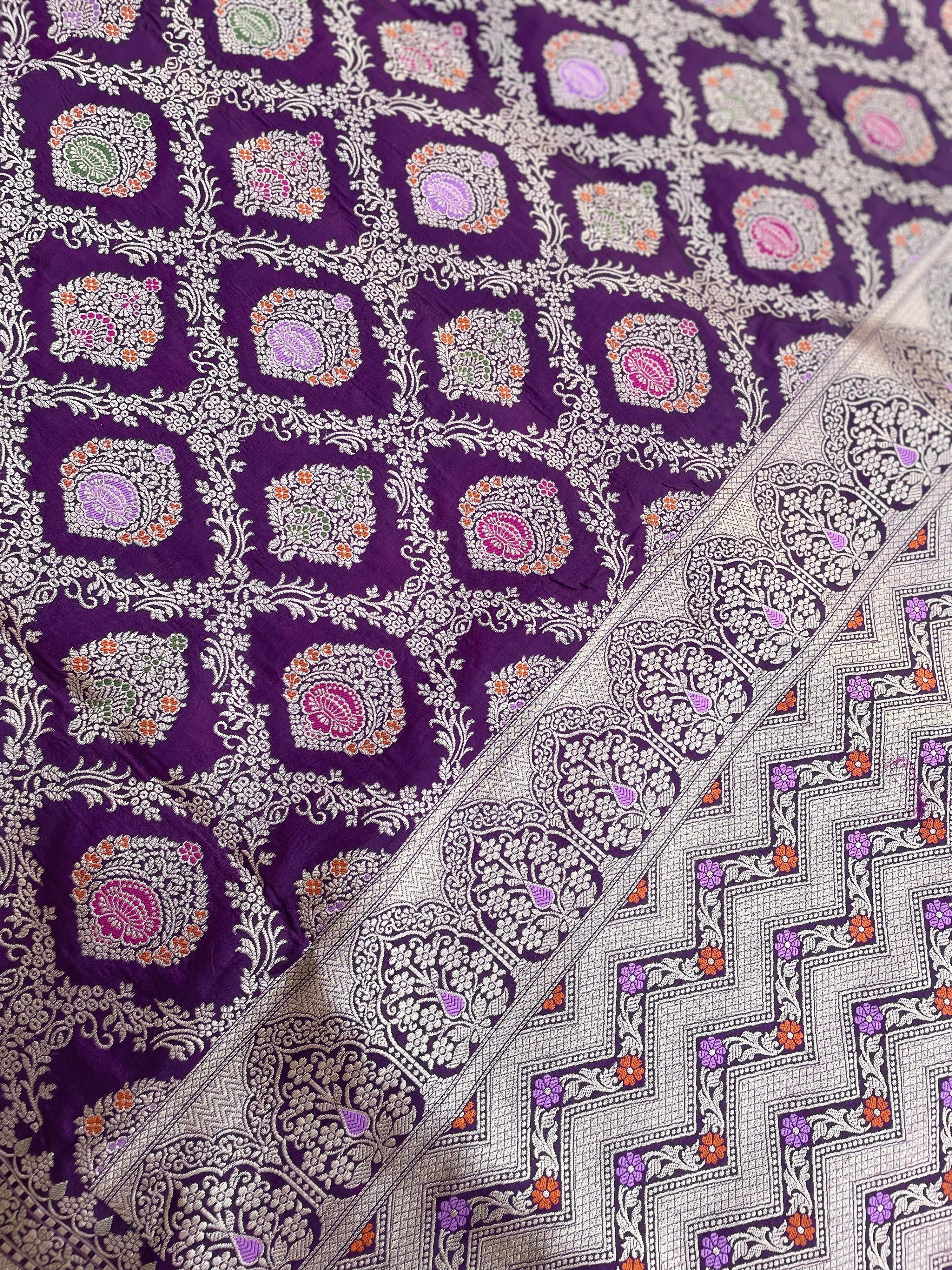 Purple Handloom Banarasi Pure Silk Minakari Jangla Saree