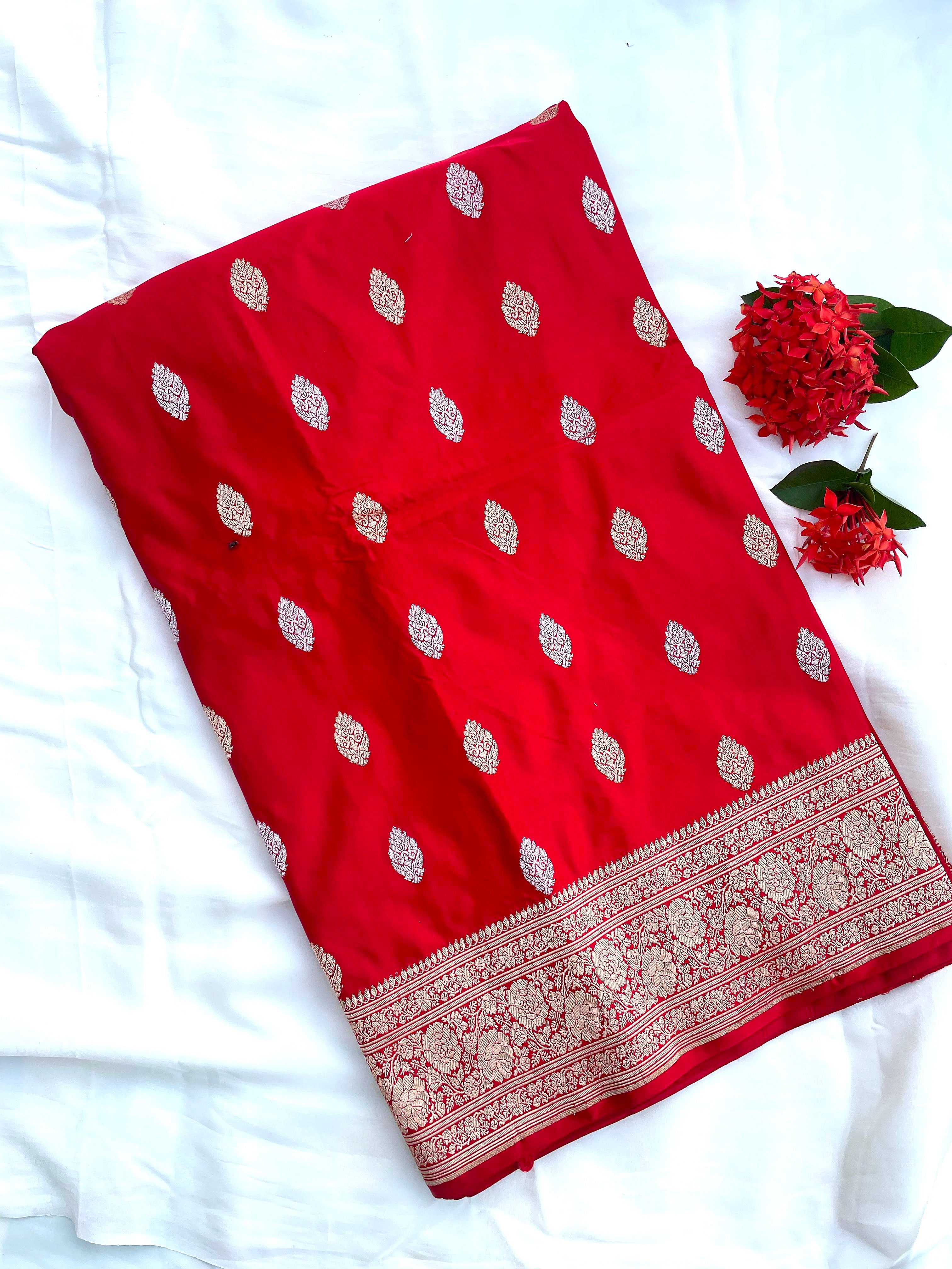 Red Handloom Satin Silk Banarasi Kadhua Silk Saree