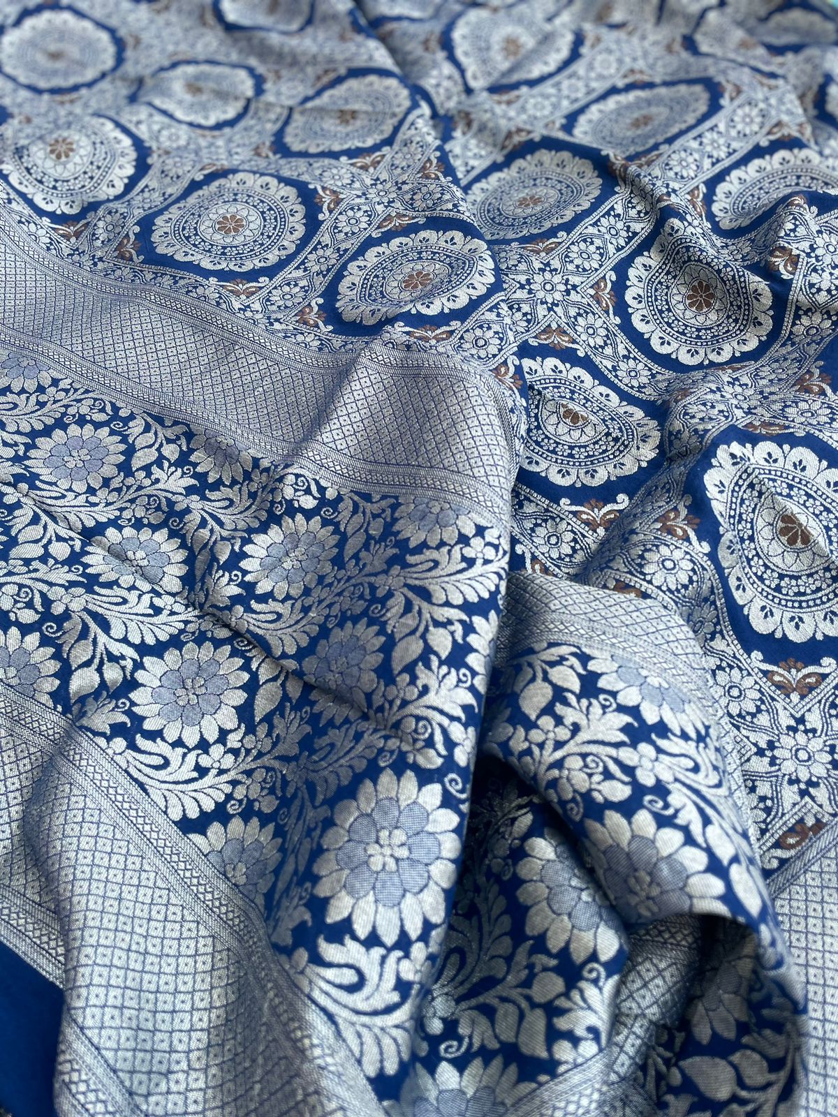 Blue Handwoven Pure Kataan Silk Banarasi Suit Fabric