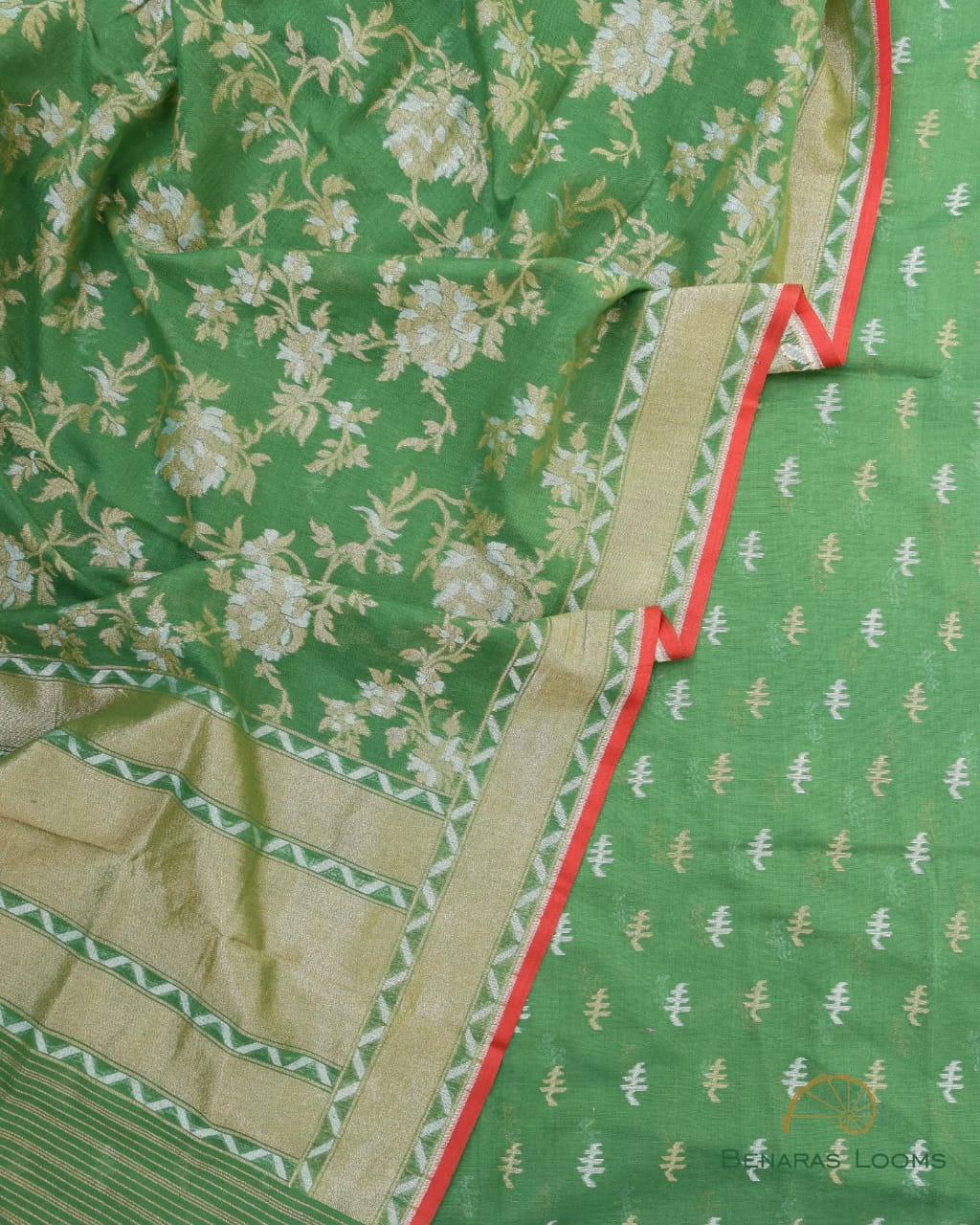 Green Handwoven Pure Cotton Jamdani Banarasi Unstitched Suit Set
