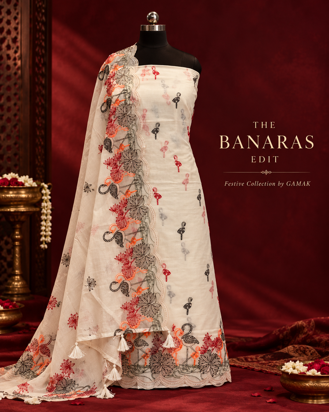 White Mul Cotton Embroidery Suit Set
