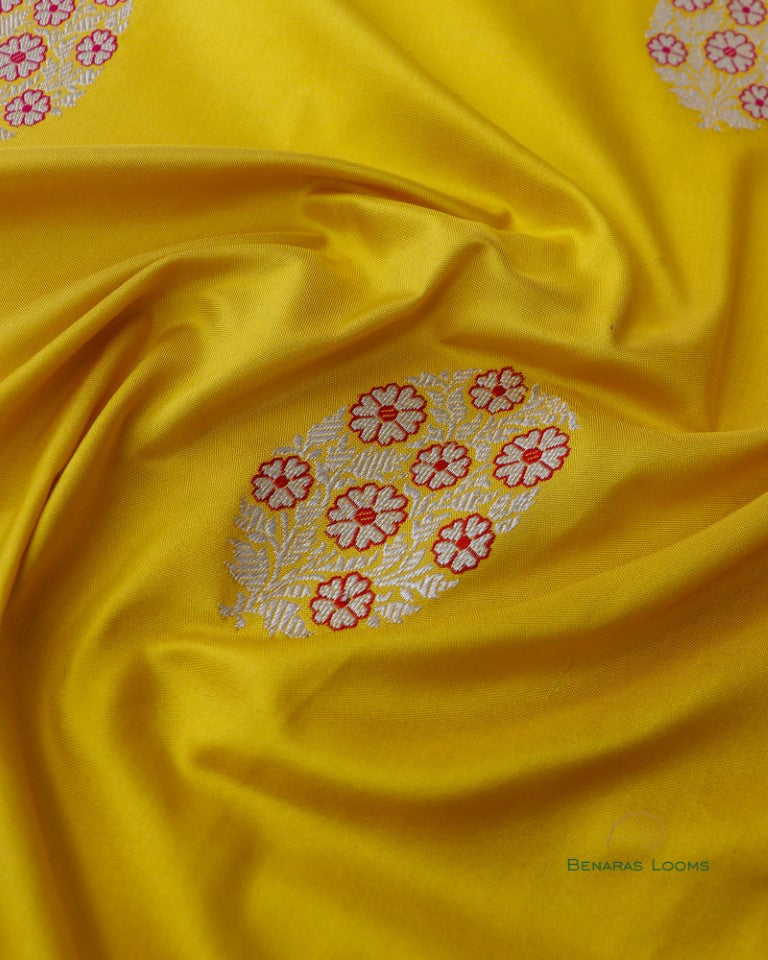 Yellow Floral Satin Silk Kadhua Meenakari Banarasi Saree