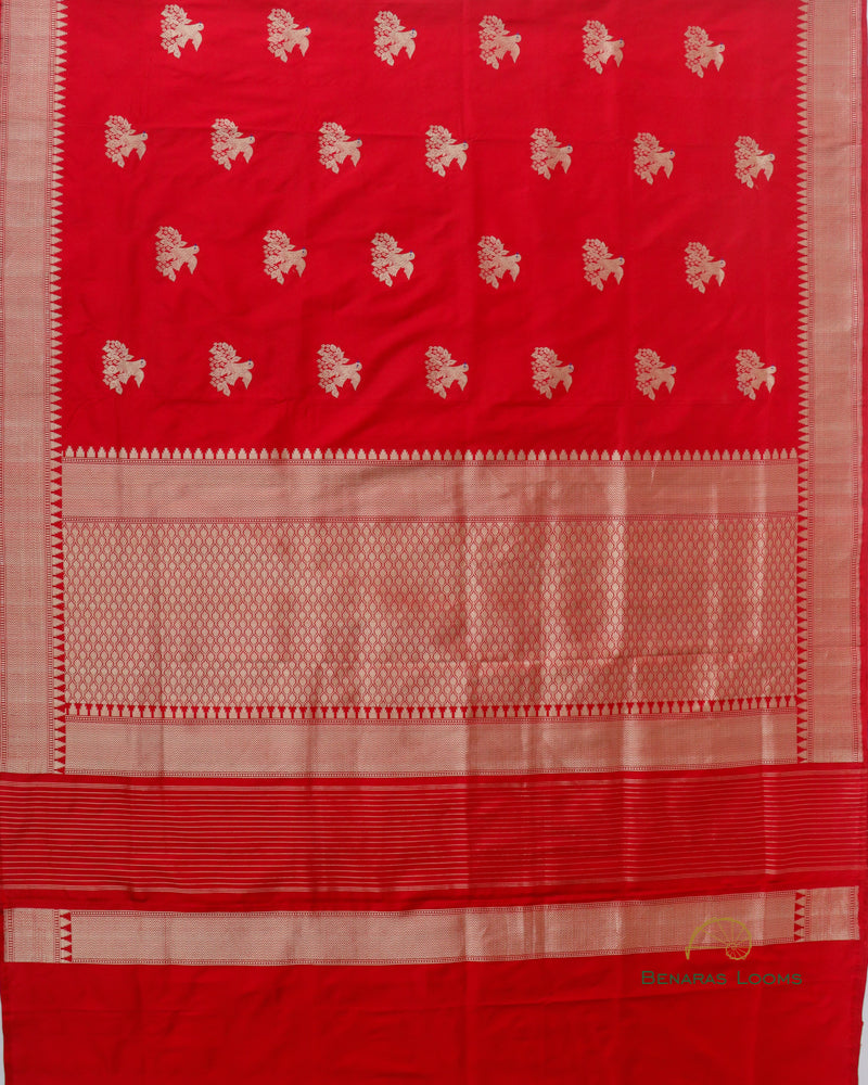 Red Handwoven Pure Kataan Silk Shikargah Banarasi Saree