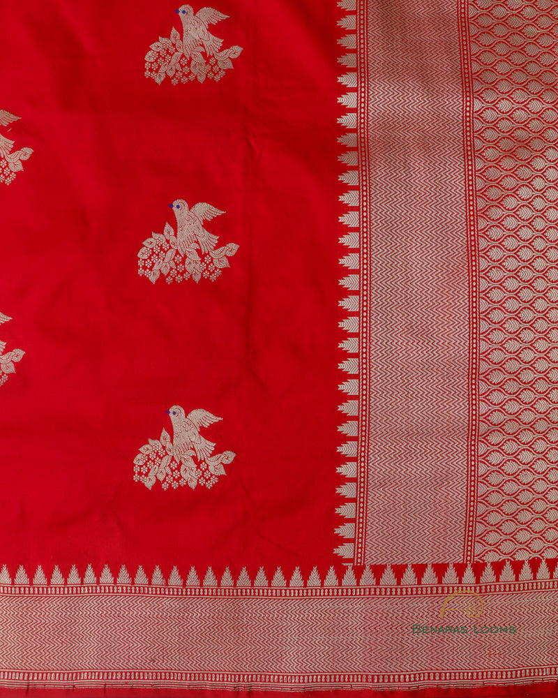 Red Handwoven Pure Kataan Silk Shikargah Banarasi Saree