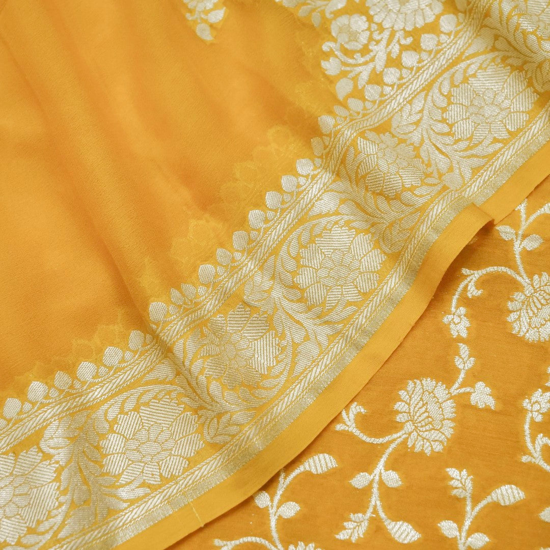 Yellow Munga Silk Unstitched Banarasi Suit Fabric