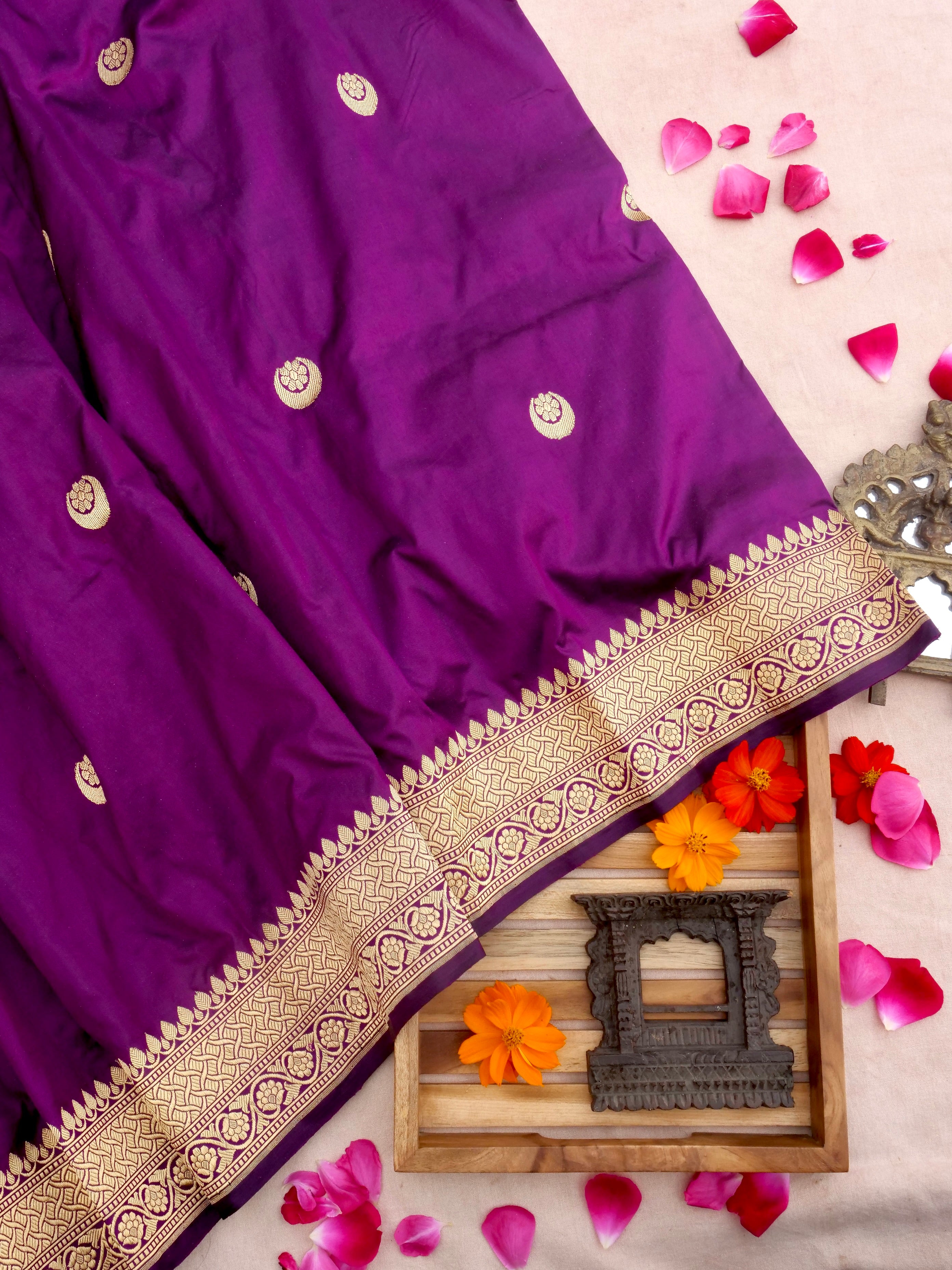 Purple Handwoven Kataan Silk Kadhua Buti Banarasi Saree