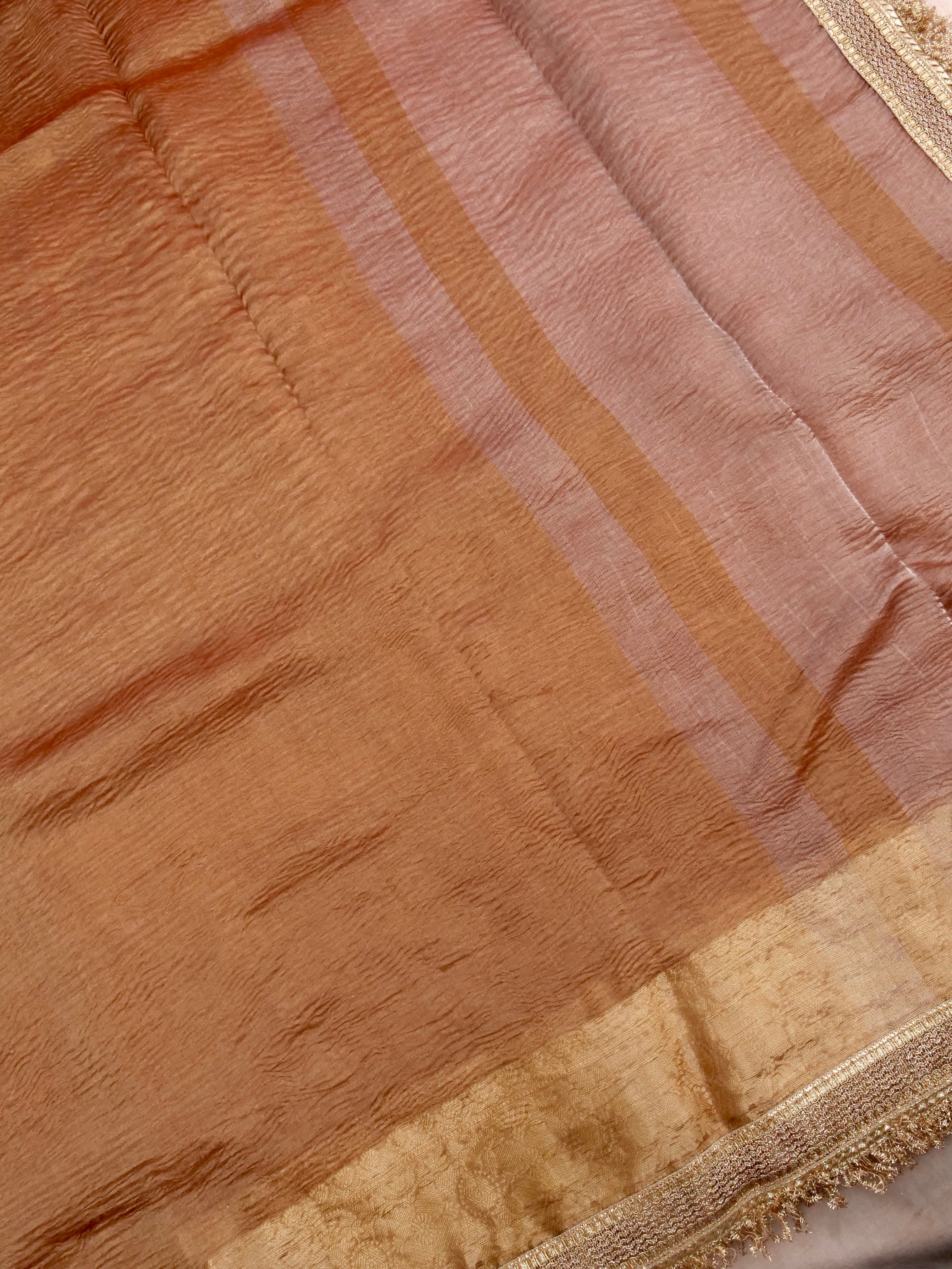 Copper Gold Pure Crush Tissue Silk Banarasi Saree with Embellished Border
