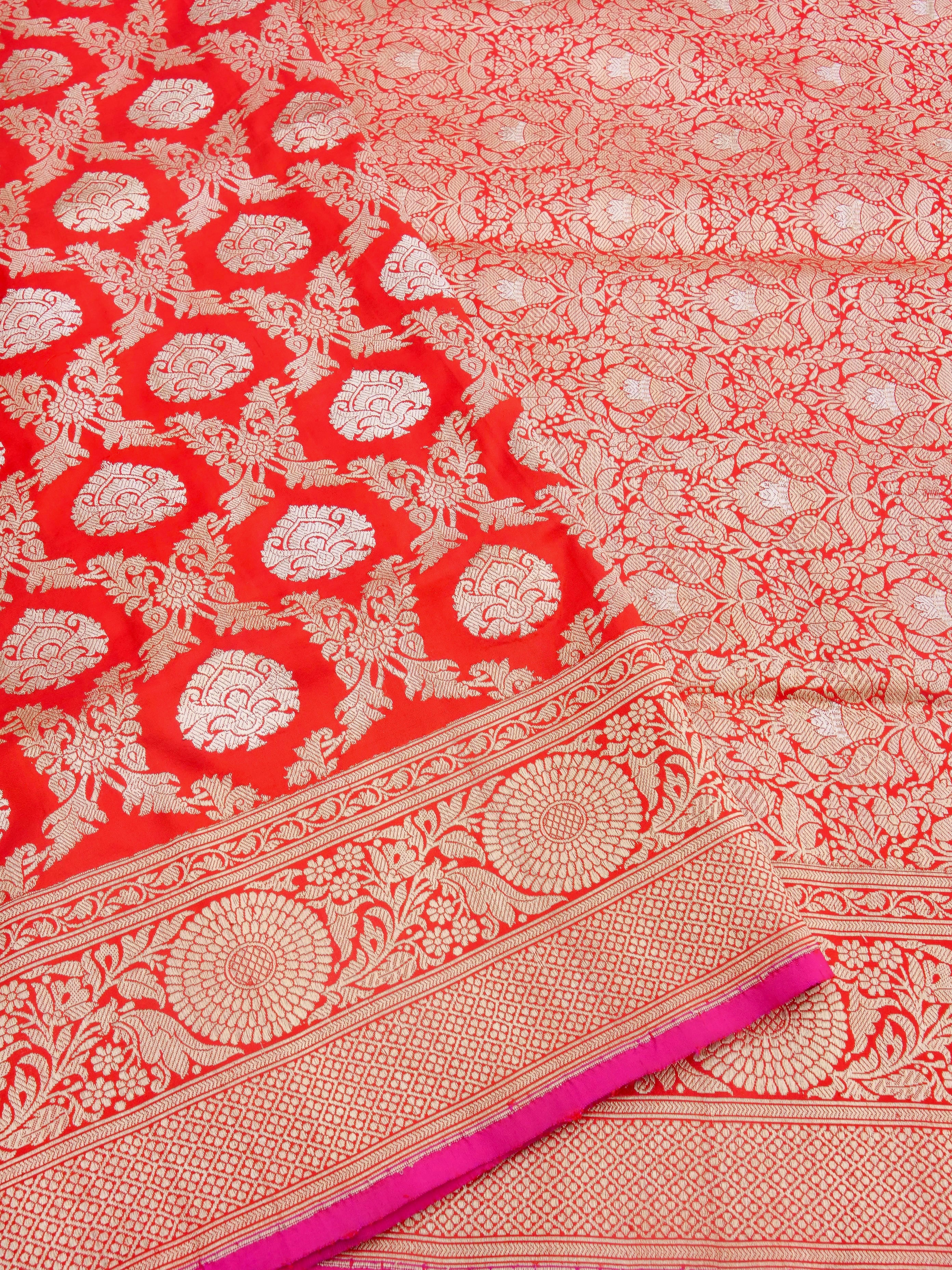 Red Handwoven Pure Kataan Silk Kadhua Jaal Benarasi Saree