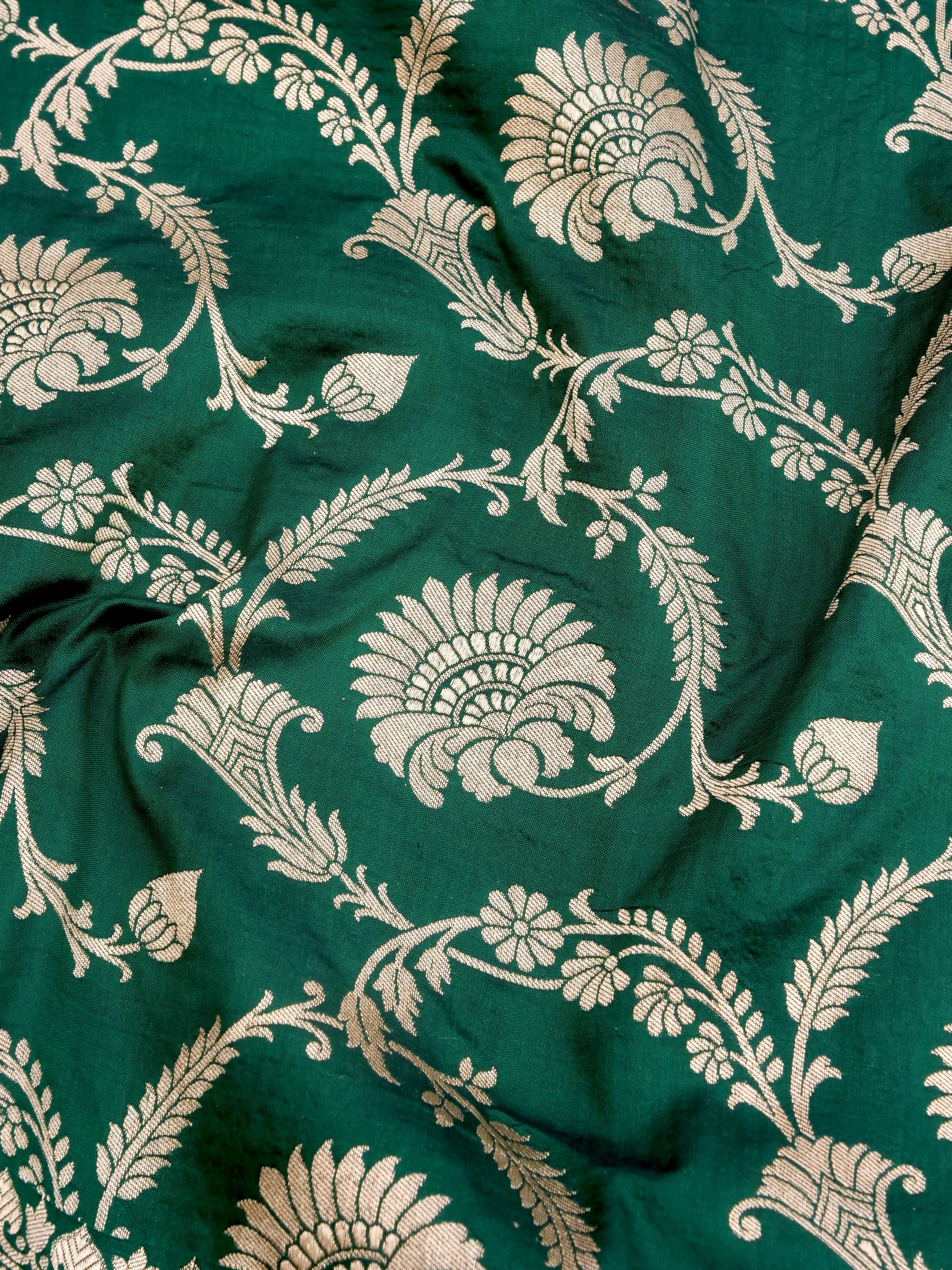 Green Handwoven Kataan Silk Jangla Banarasi Saree