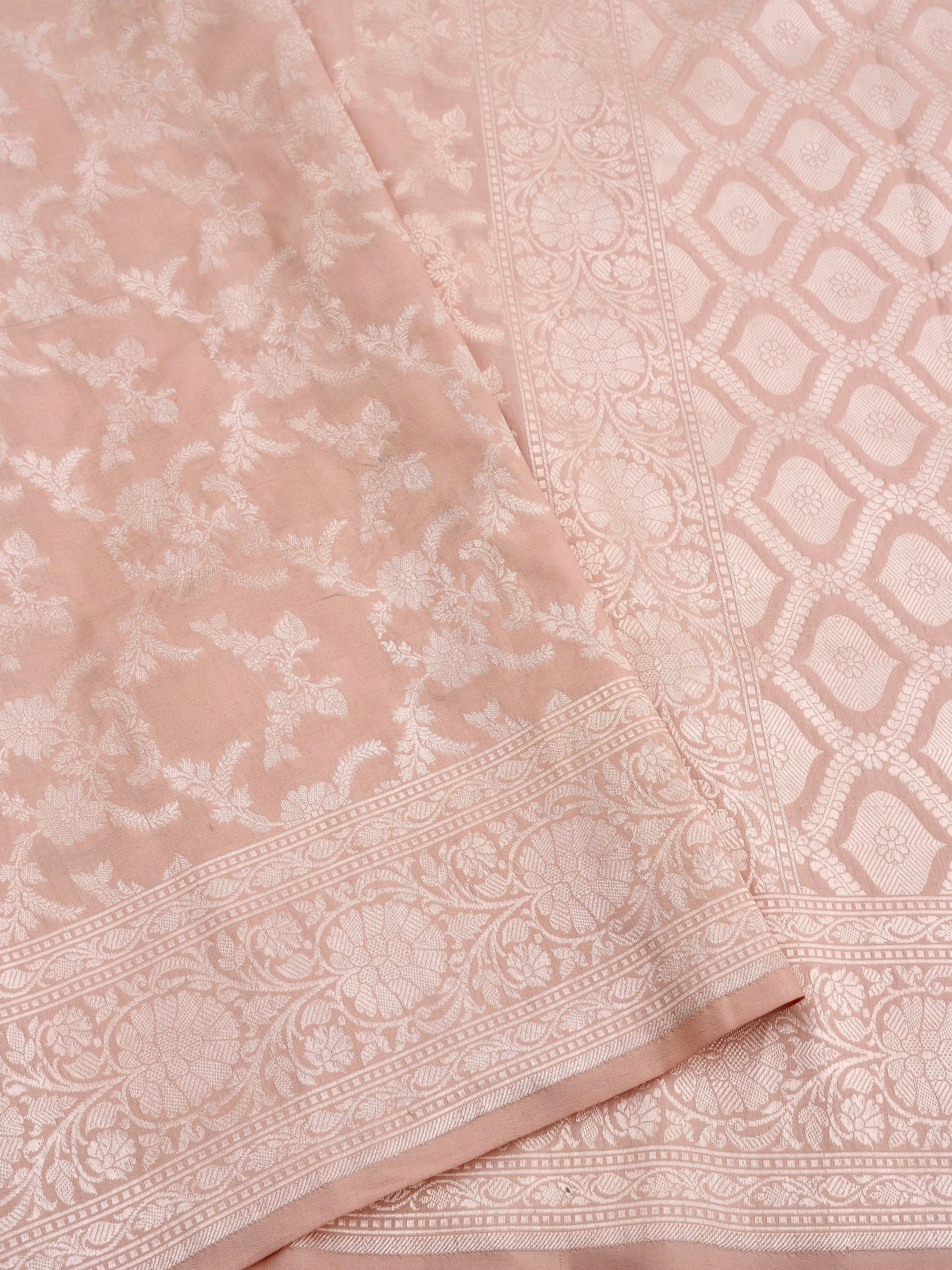 Peach Handwoven Kataan Silk Jangla Banarasi Saree