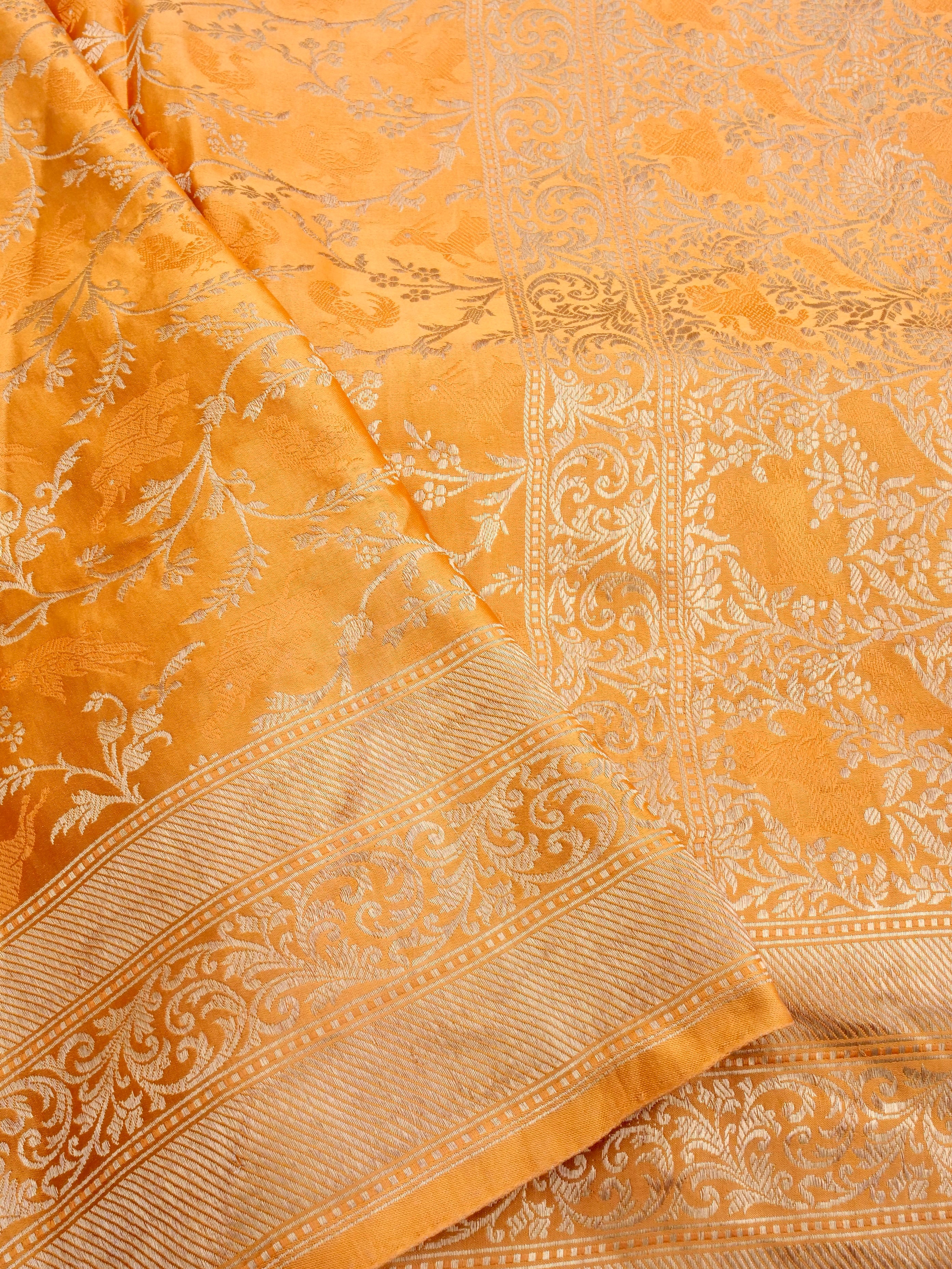 Orange Handwoven Pure Silk Shikargah Banarasi Saree