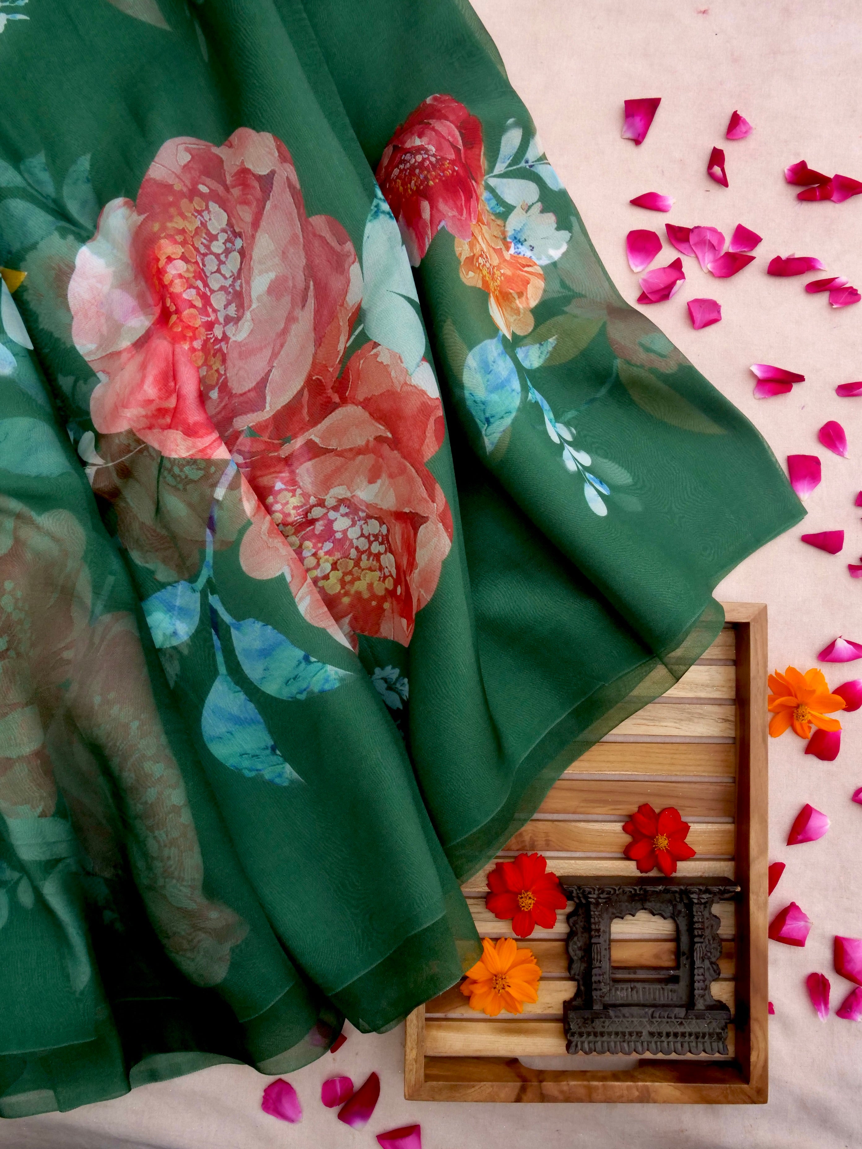 Green Satin Organza Printed Half Half Saree