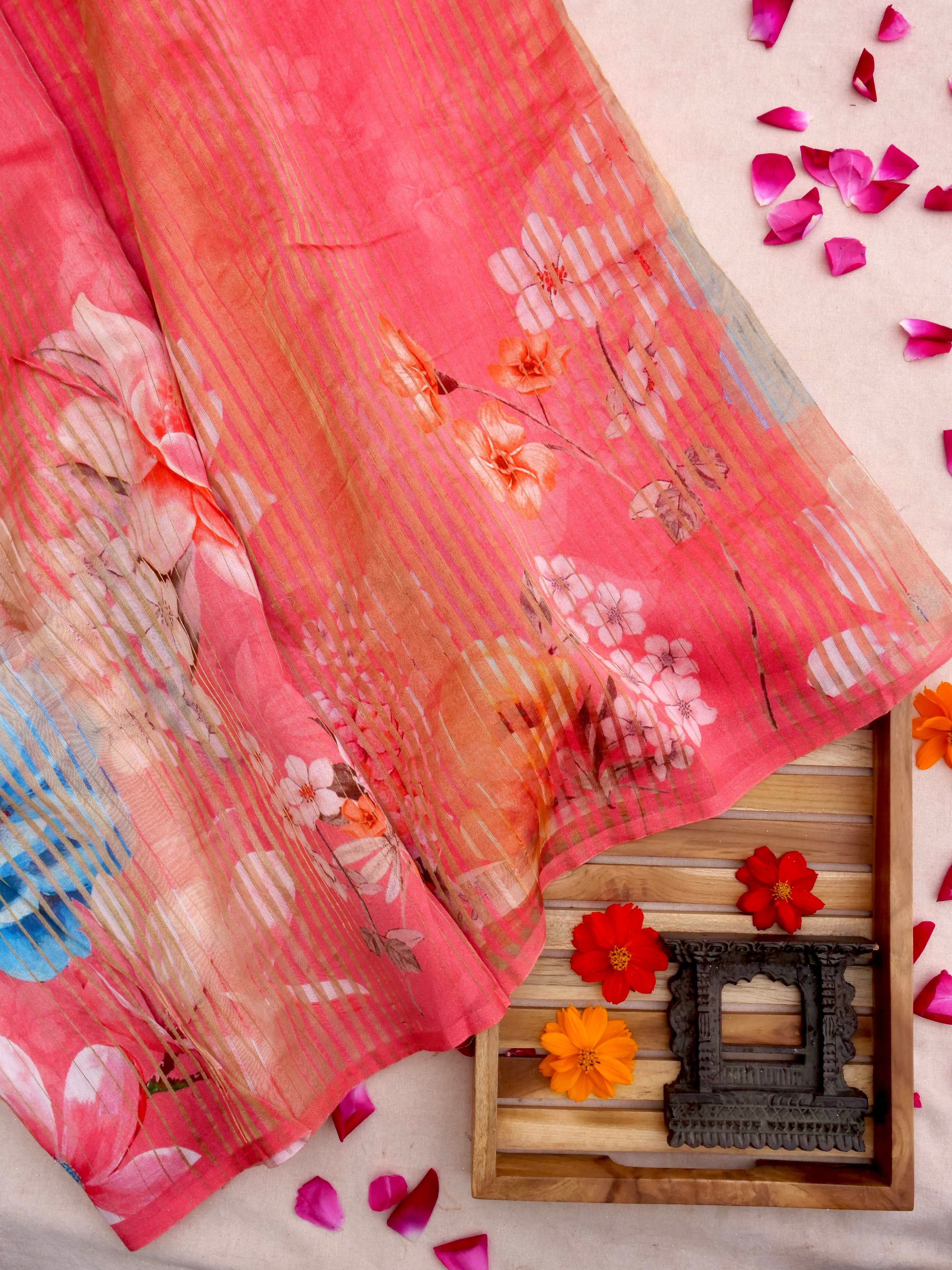 Pink Striped Tissue Chiniya Printed Saree