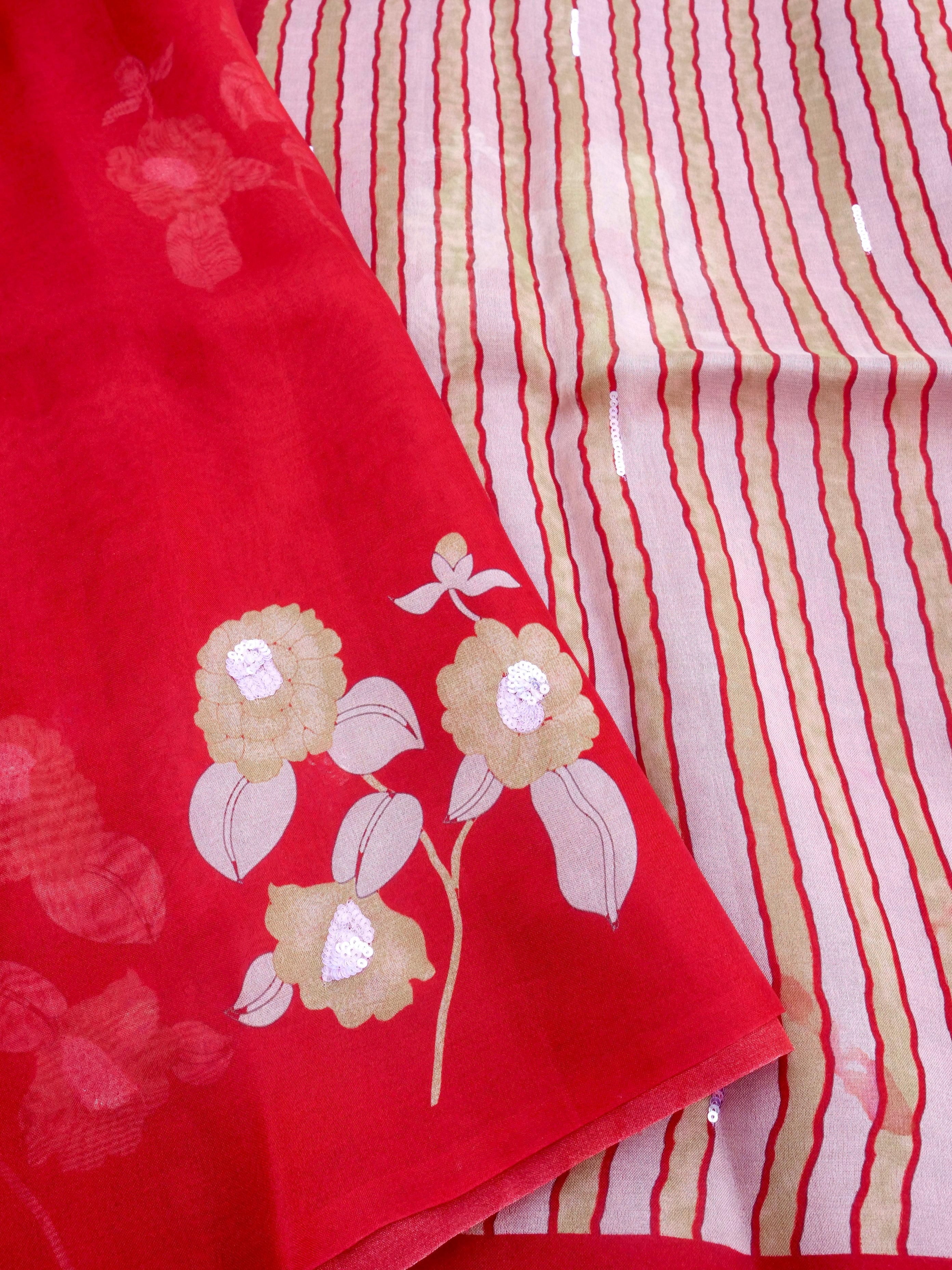 Red Pure Organza Saree with Hand Embroidry