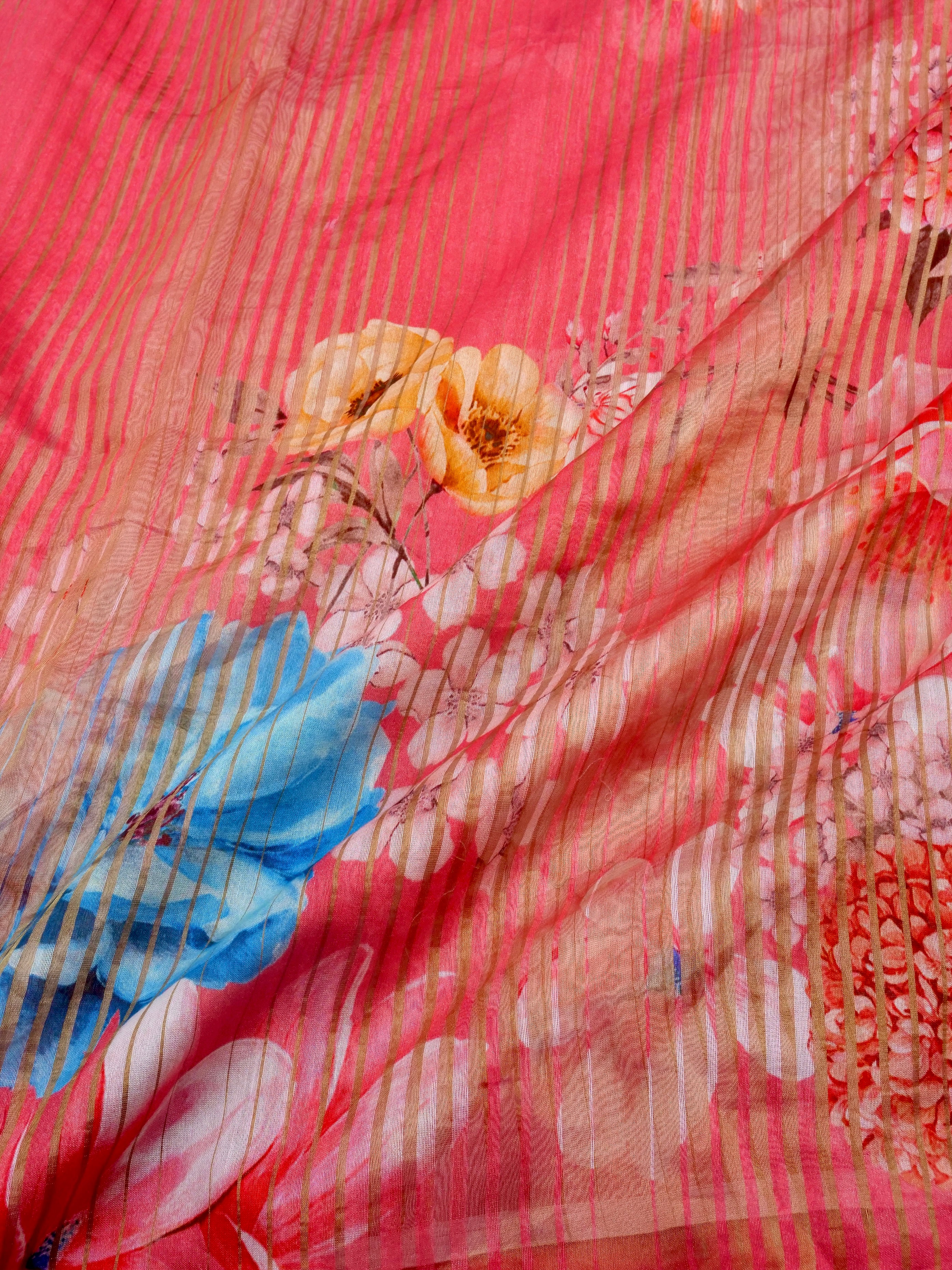 Pink Striped Tissue Chiniya Printed Saree