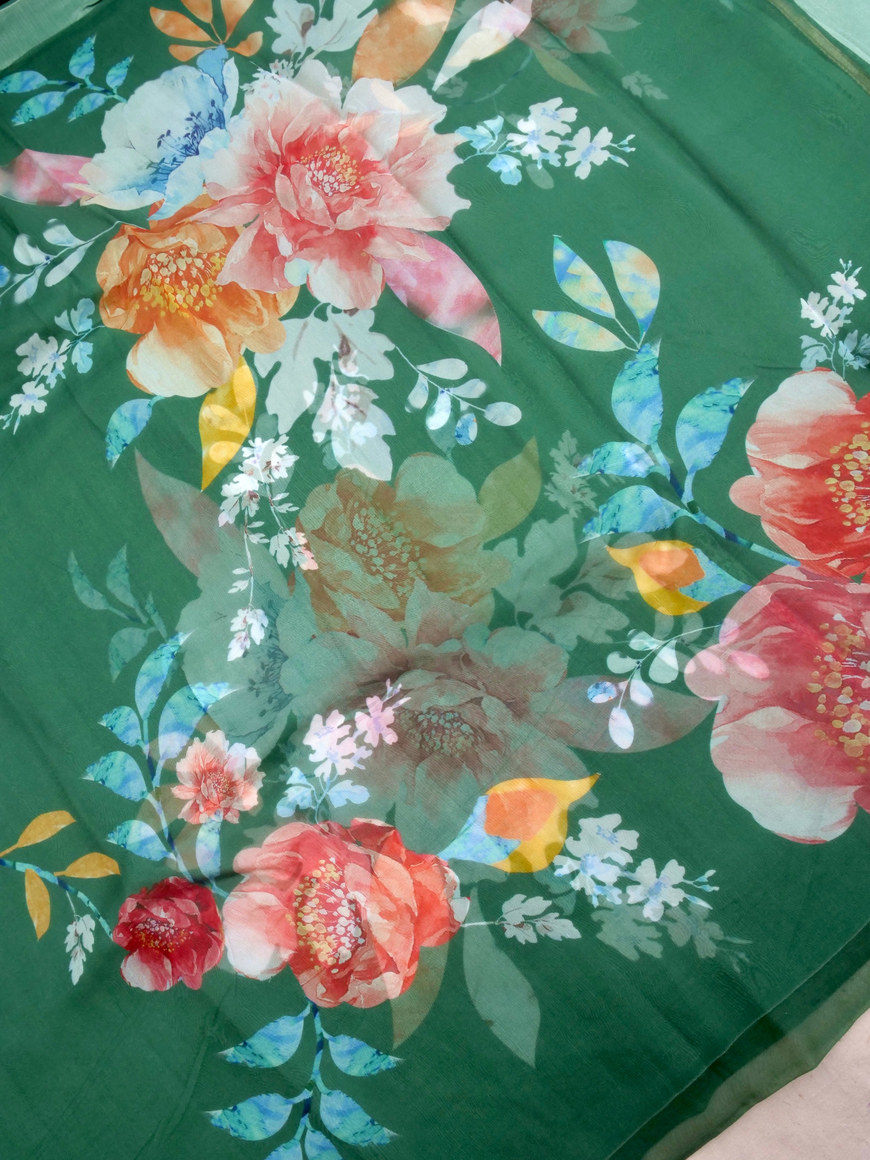 Green Satin Organza Printed Half Half Saree