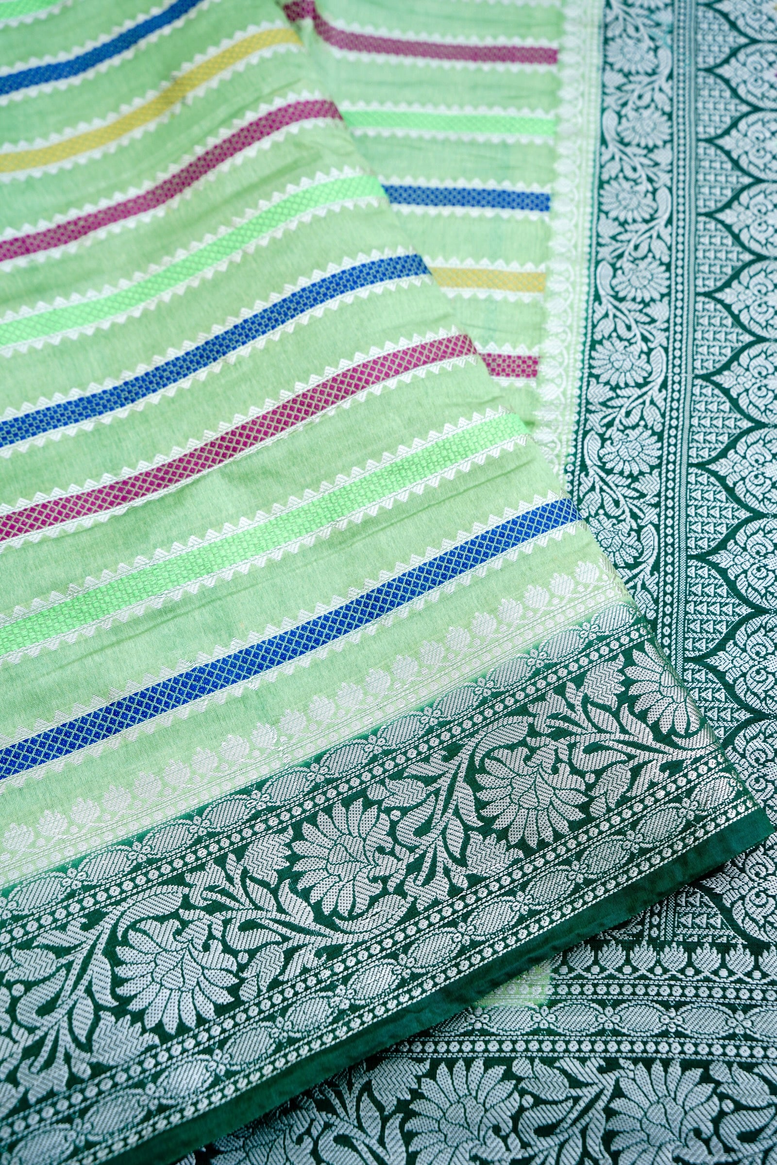 Green Raw Mango Silk Meena Striped Saree