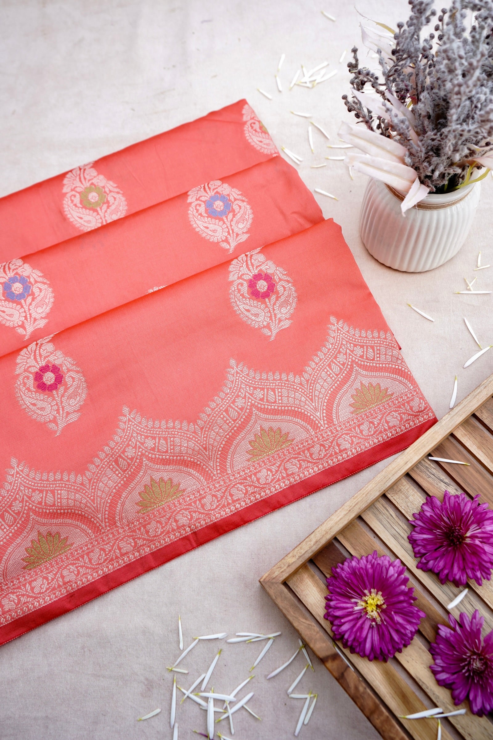 Peach Butidar Banarasi Saree with Meenakari