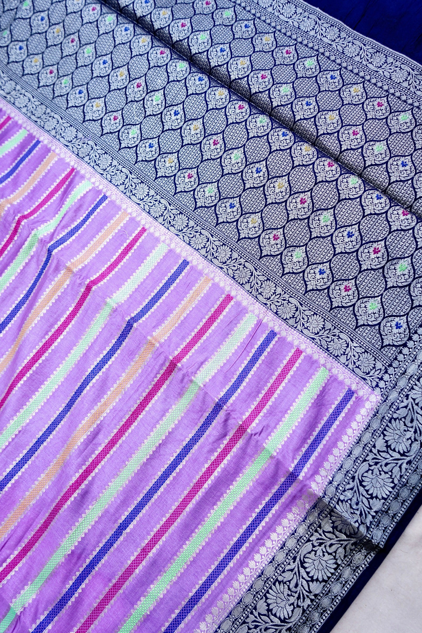 Lilac Raw Mango Silk Meena Striped Saree