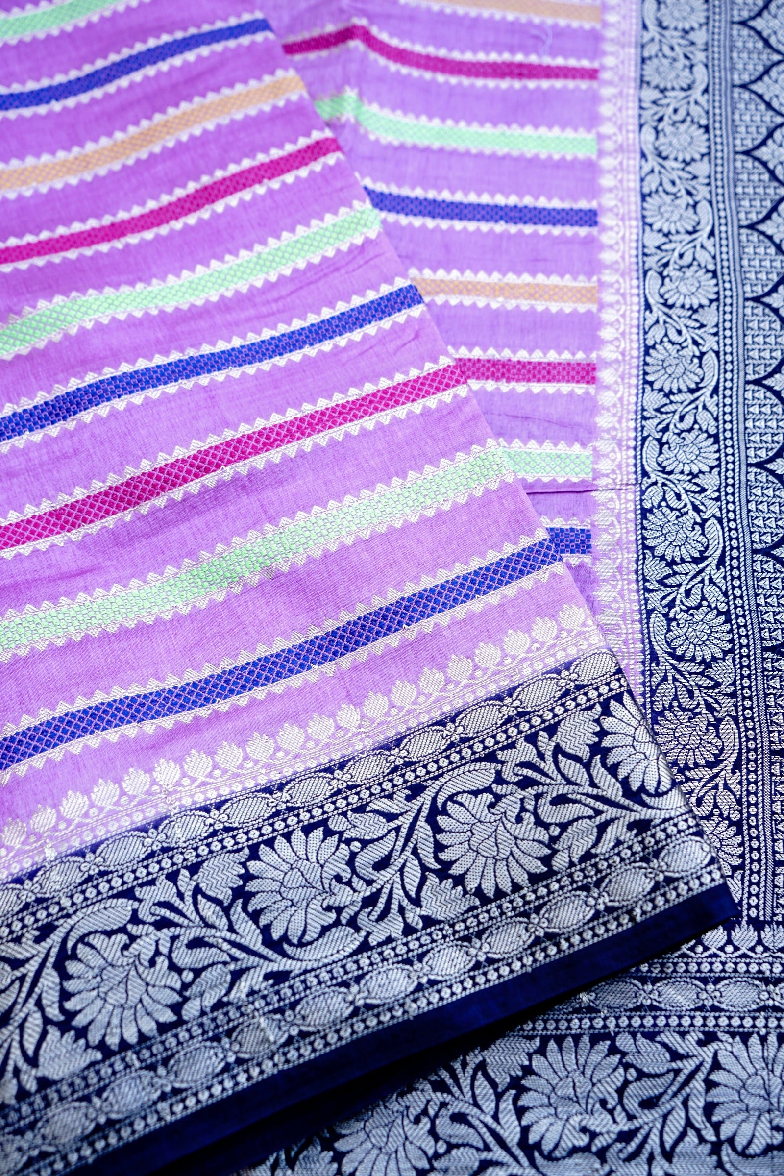 Lilac Raw Mango Silk Meena Striped Saree