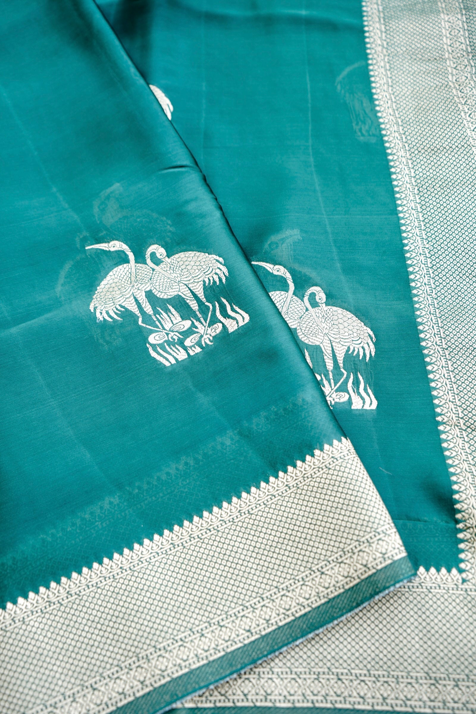 Green Banarasi Mashru Saree Buti Shikargah