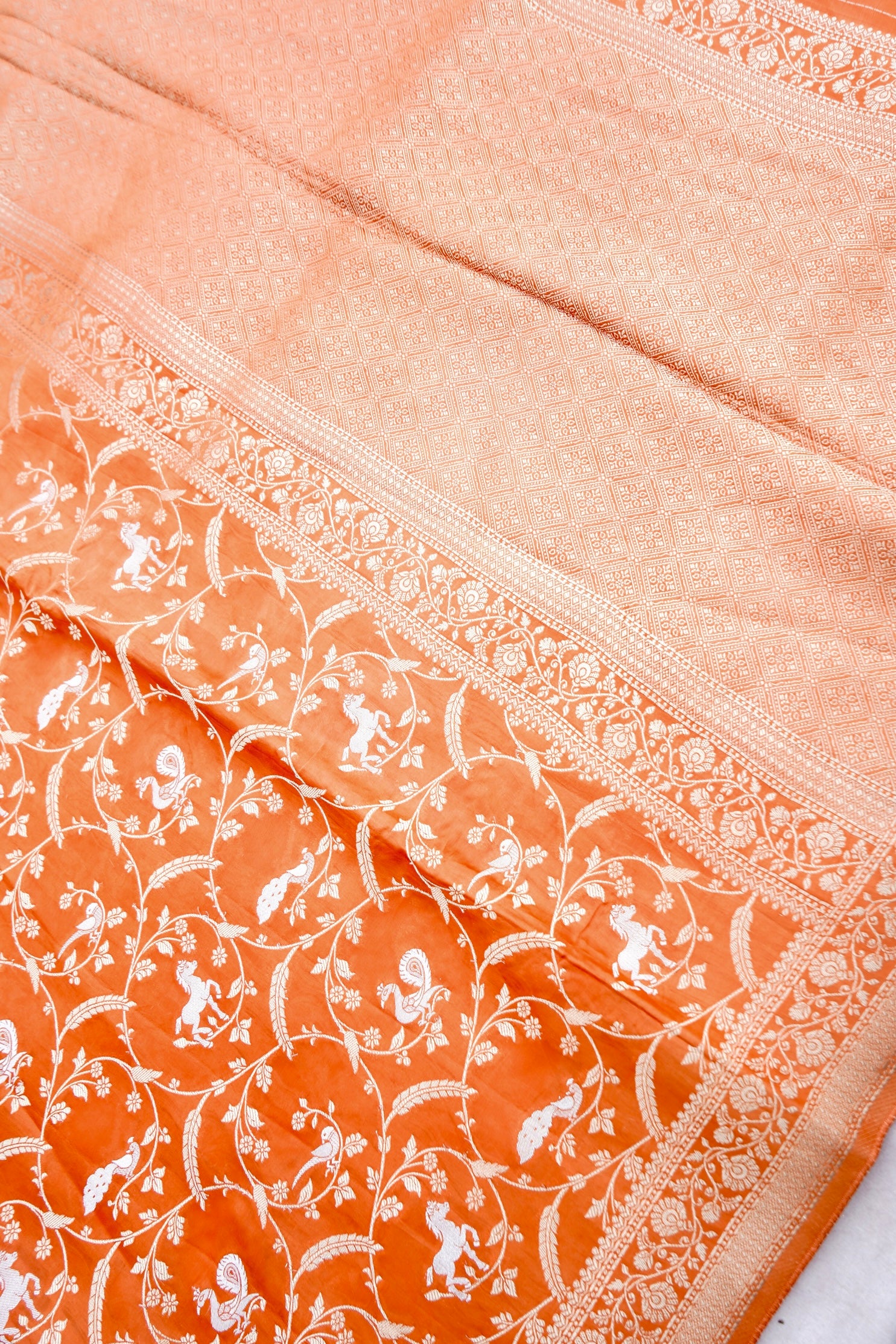Orange Mashru Jaal Shikargah Banarasi Saree